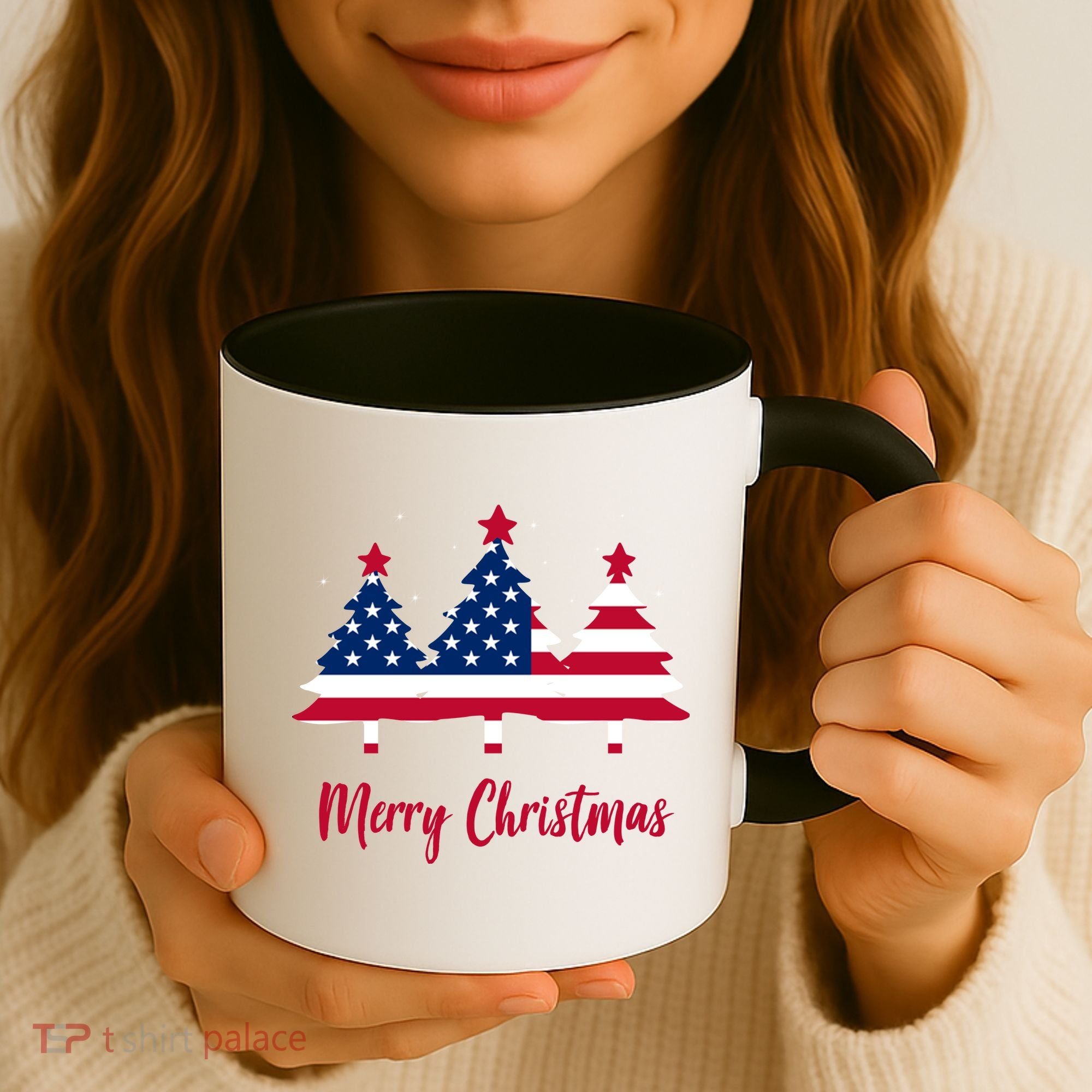 Merry Christmas American Flag Trees Coffee Mug