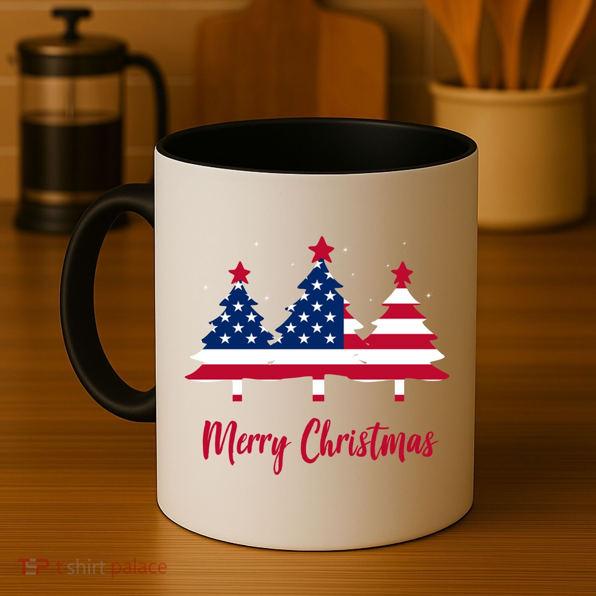 Merry Christmas American Flag Trees Coffee Mug