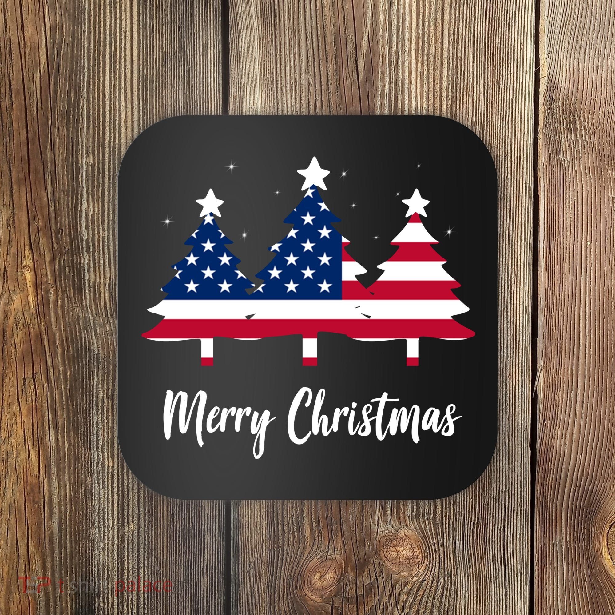 Merry Christmas American Flag Trees Coaster