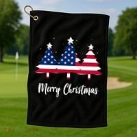 Merry Christmas American Flag Trees Golf Towel thumb 1