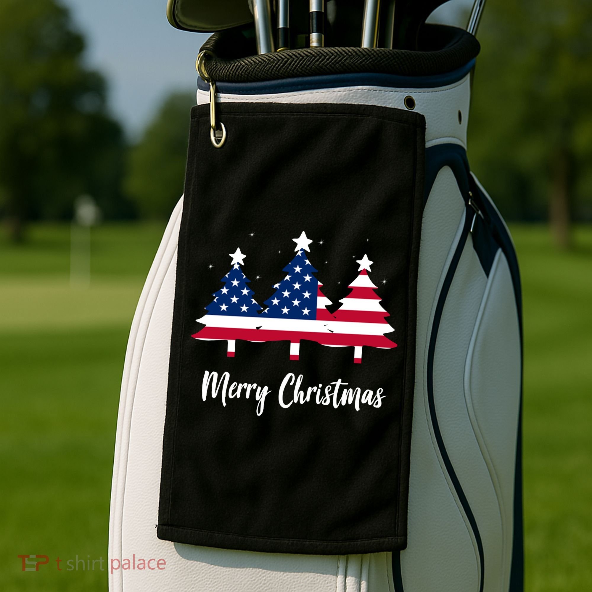 Merry Christmas American Flag Trees Golf Towel