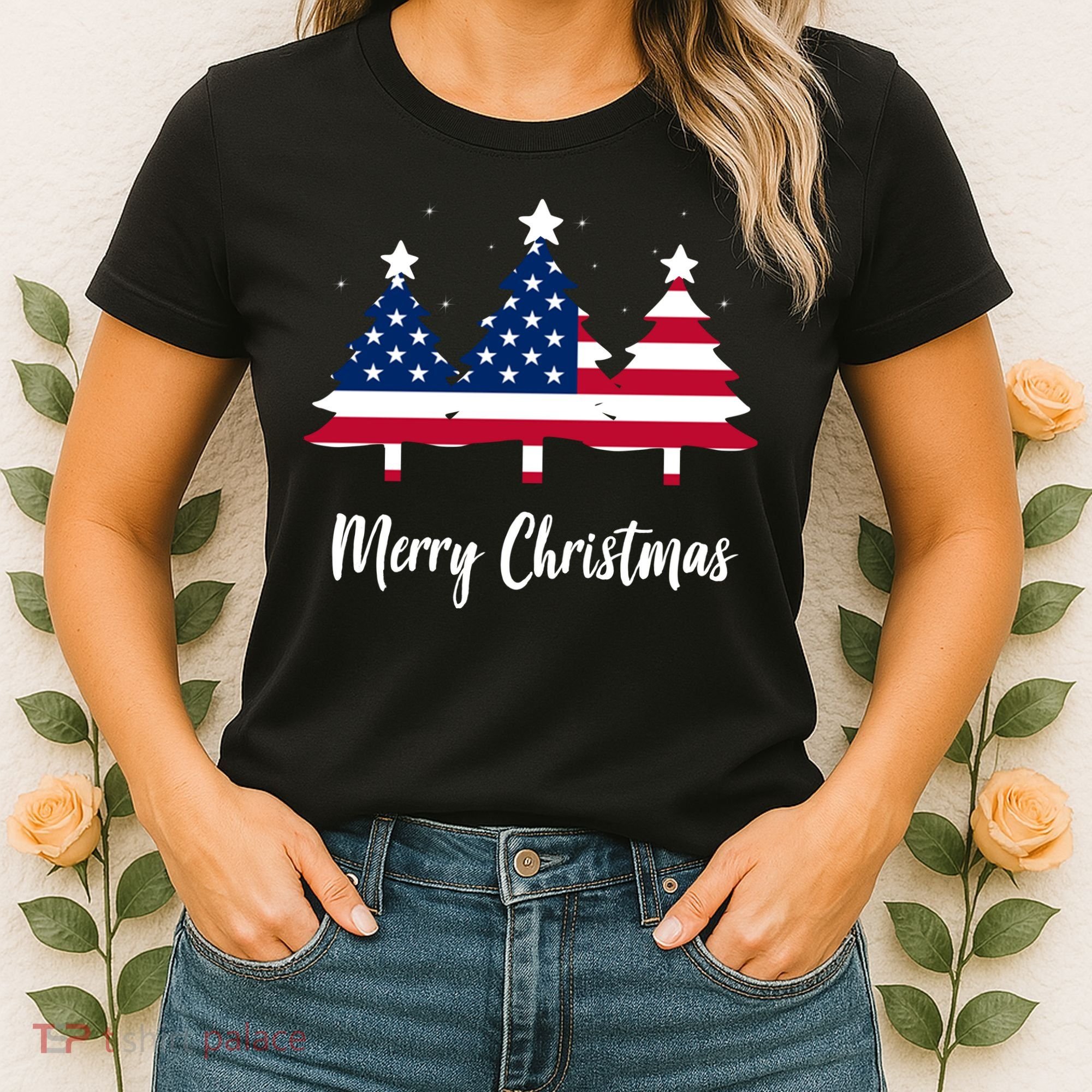 Merry Christmas American Flag Trees Women's T-Shirt