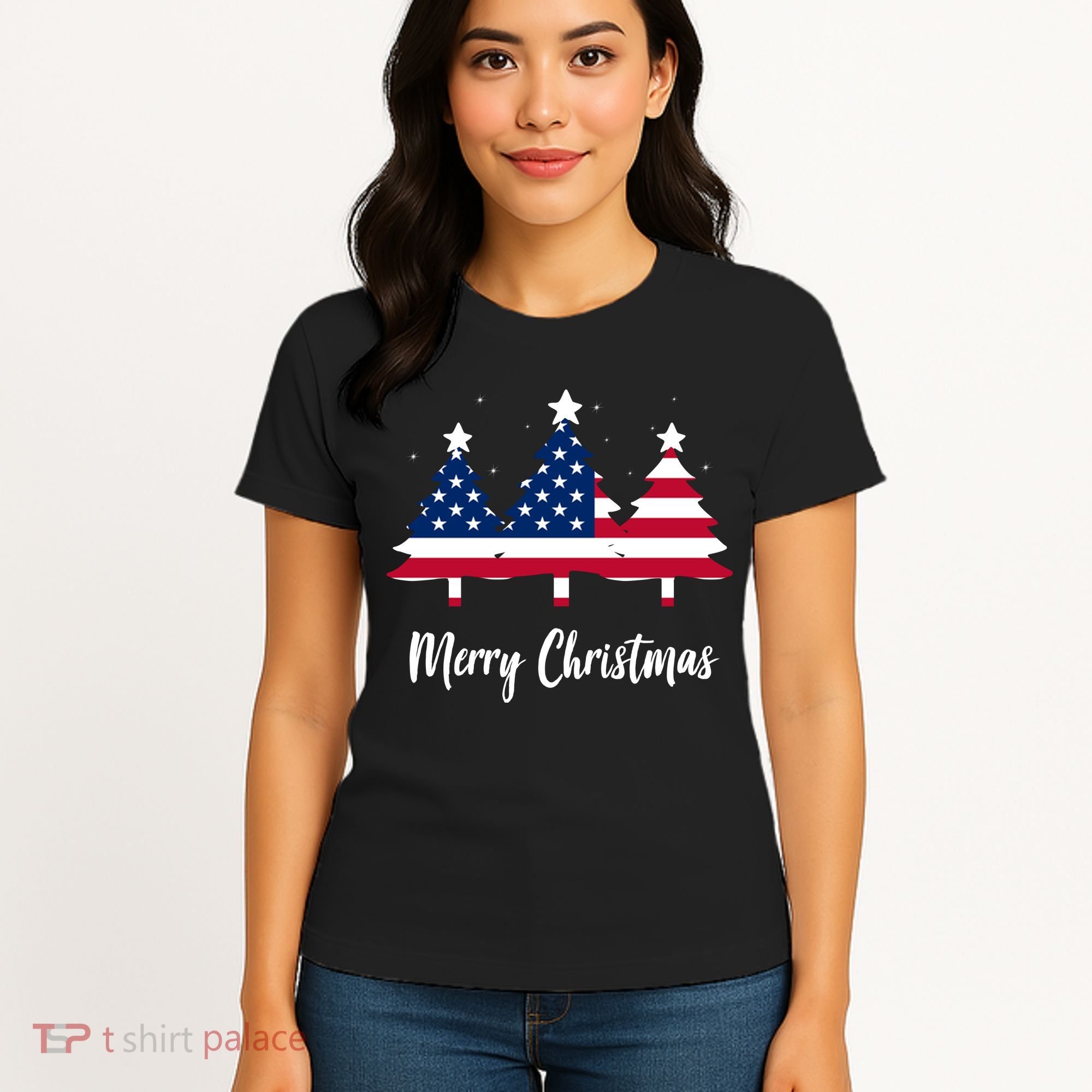 Merry Christmas American Flag Trees Women's T-Shirt