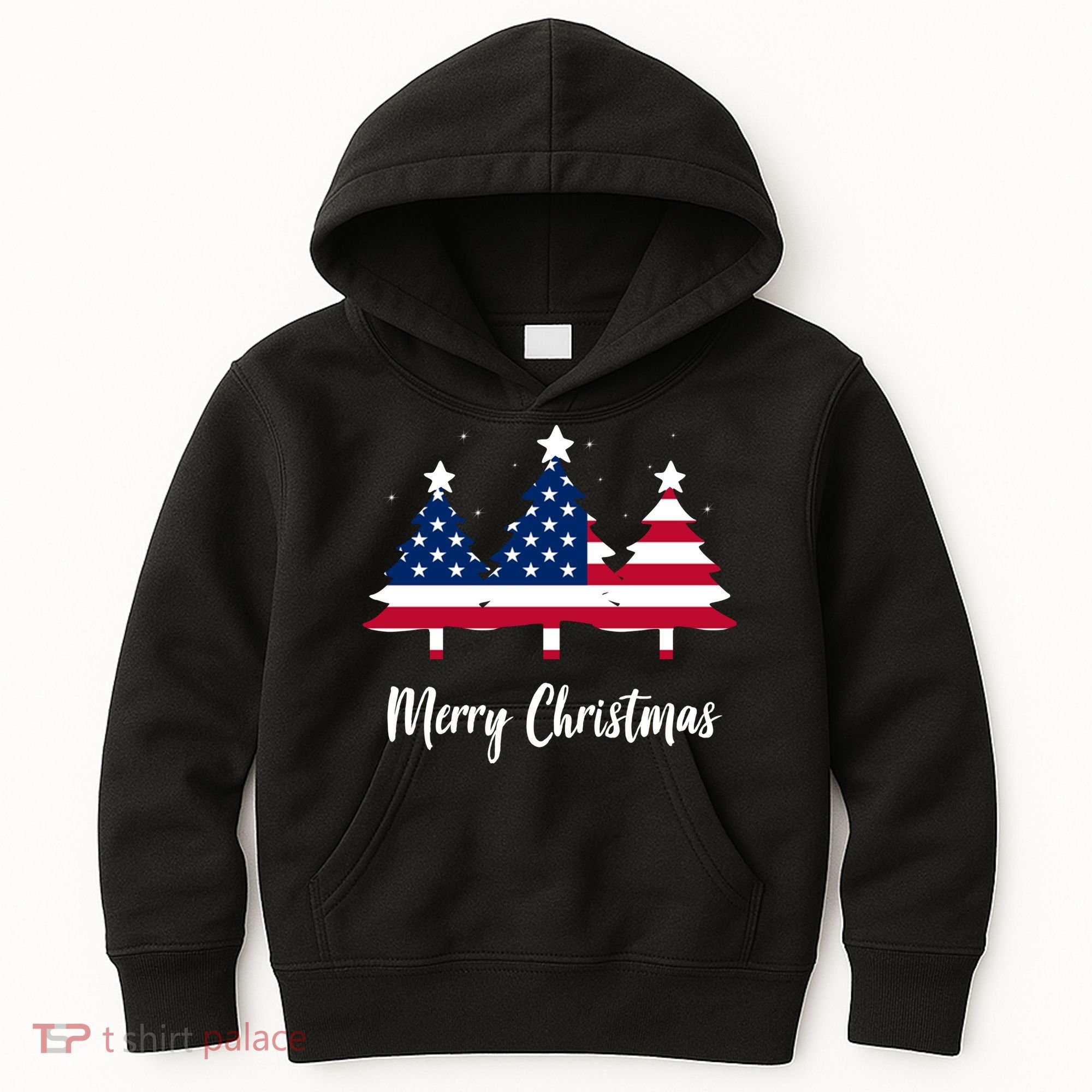 Merry Christmas American Flag Trees Kids Hoodie