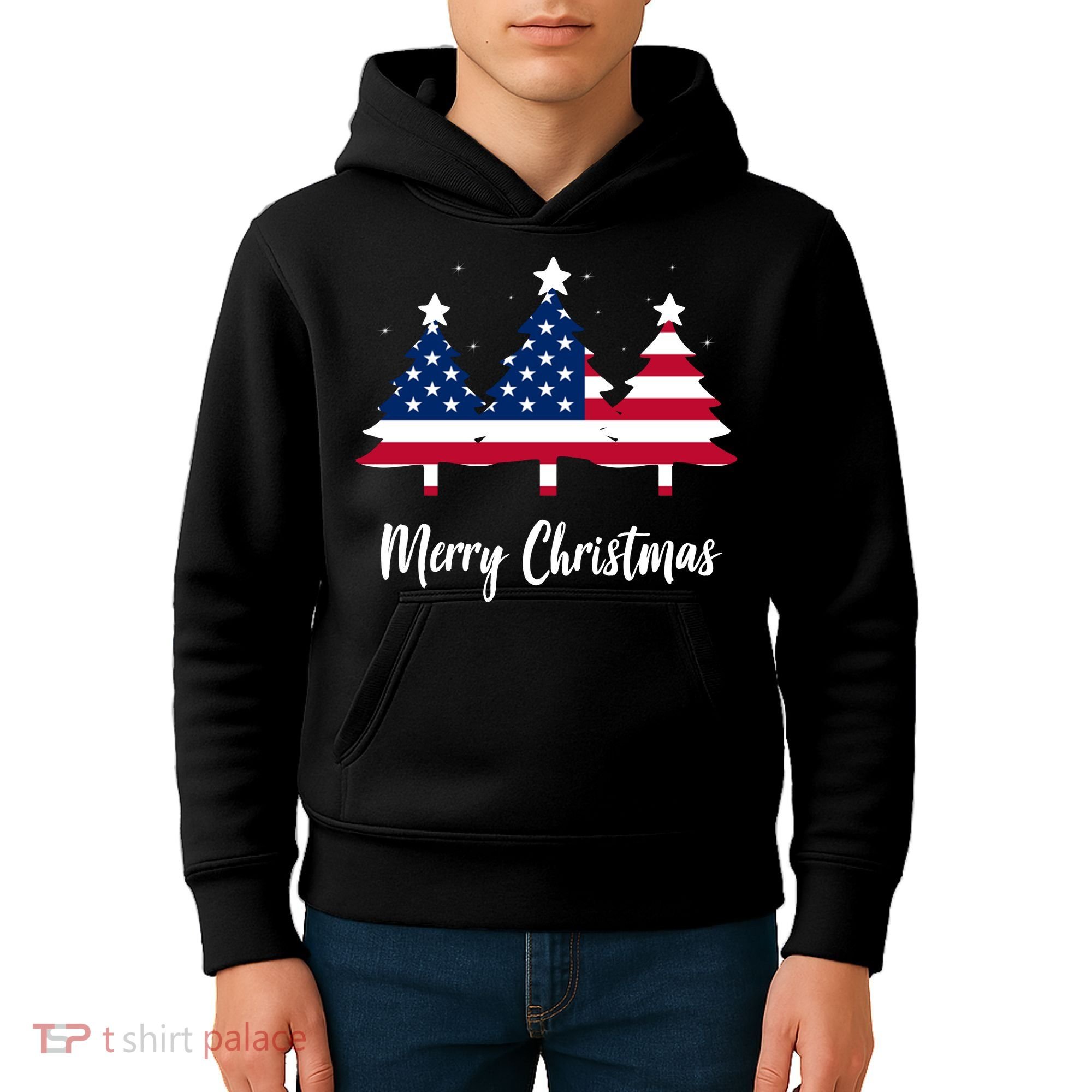 Merry Christmas American Flag Trees Kids Hoodie