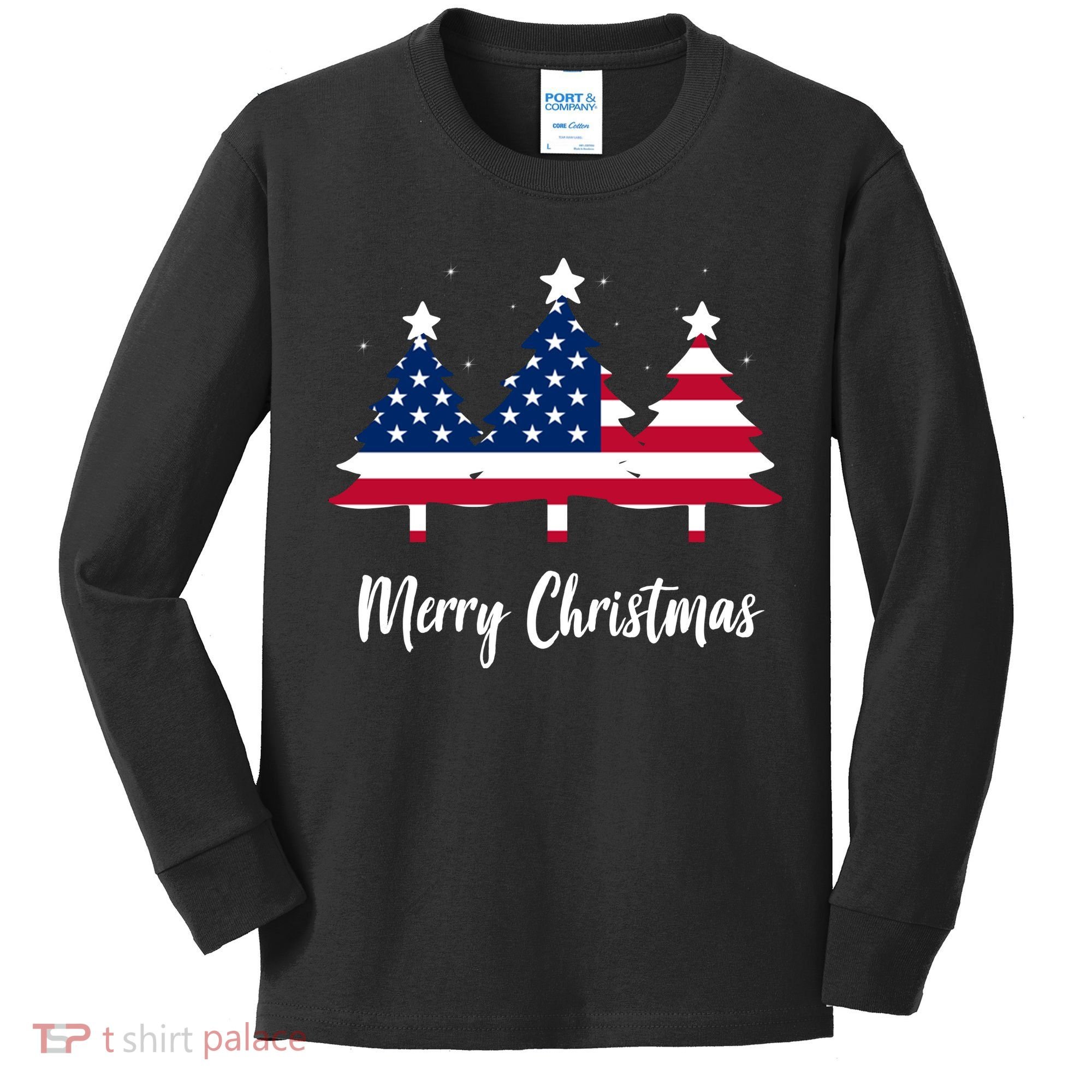 Merry Christmas American Flag Trees Kids Long Sleeve Shirt