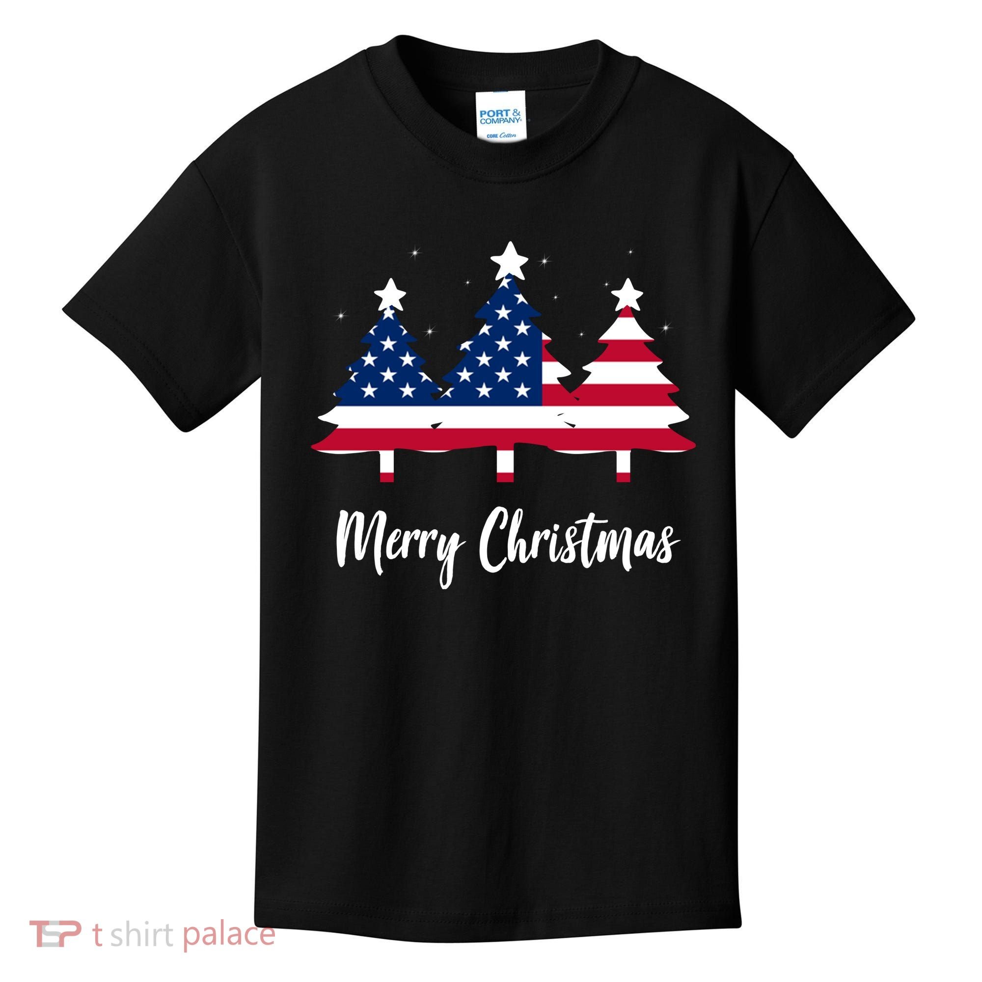 Merry Christmas American Flag Trees Kids T-Shirt