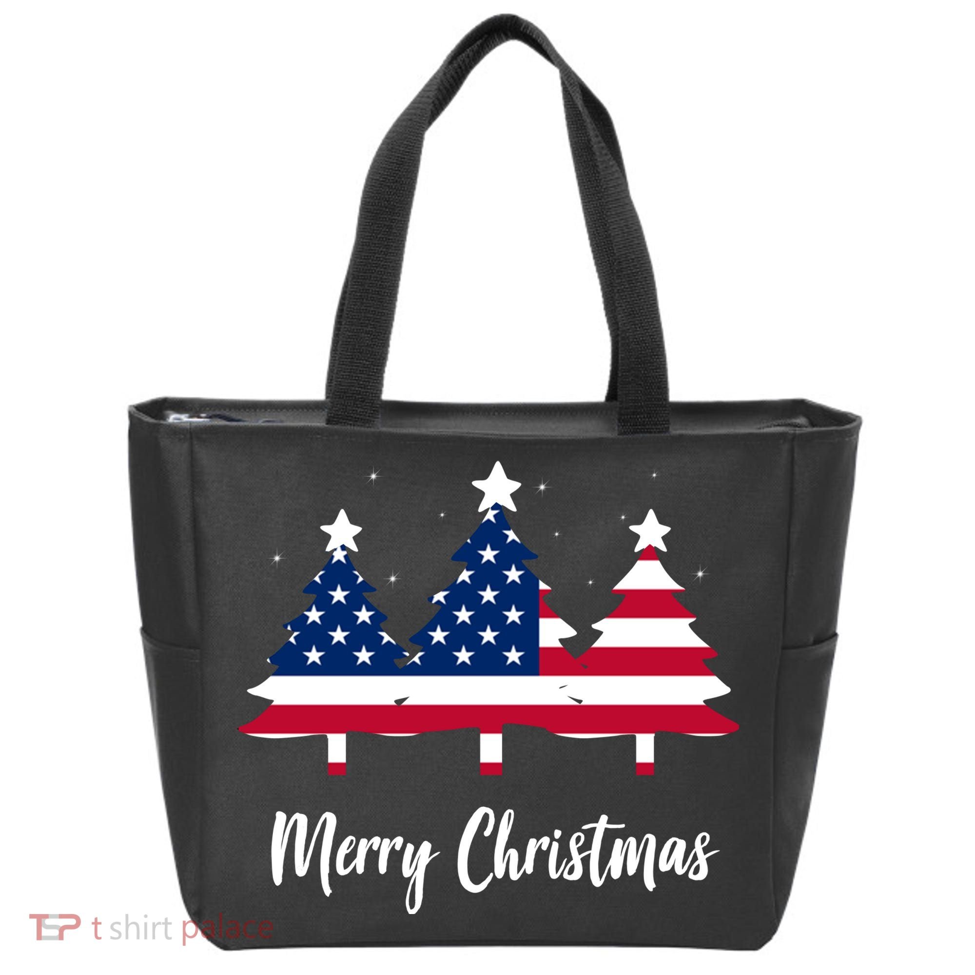 Merry Christmas American Flag Trees Tote Bag