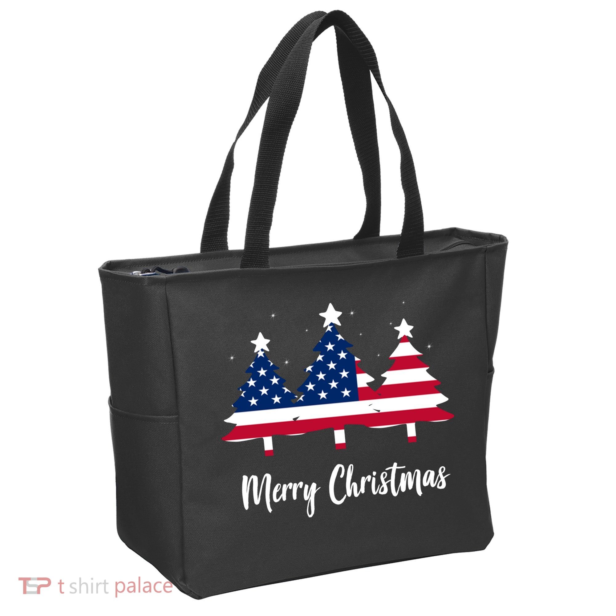 Merry Christmas American Flag Trees Tote Bag