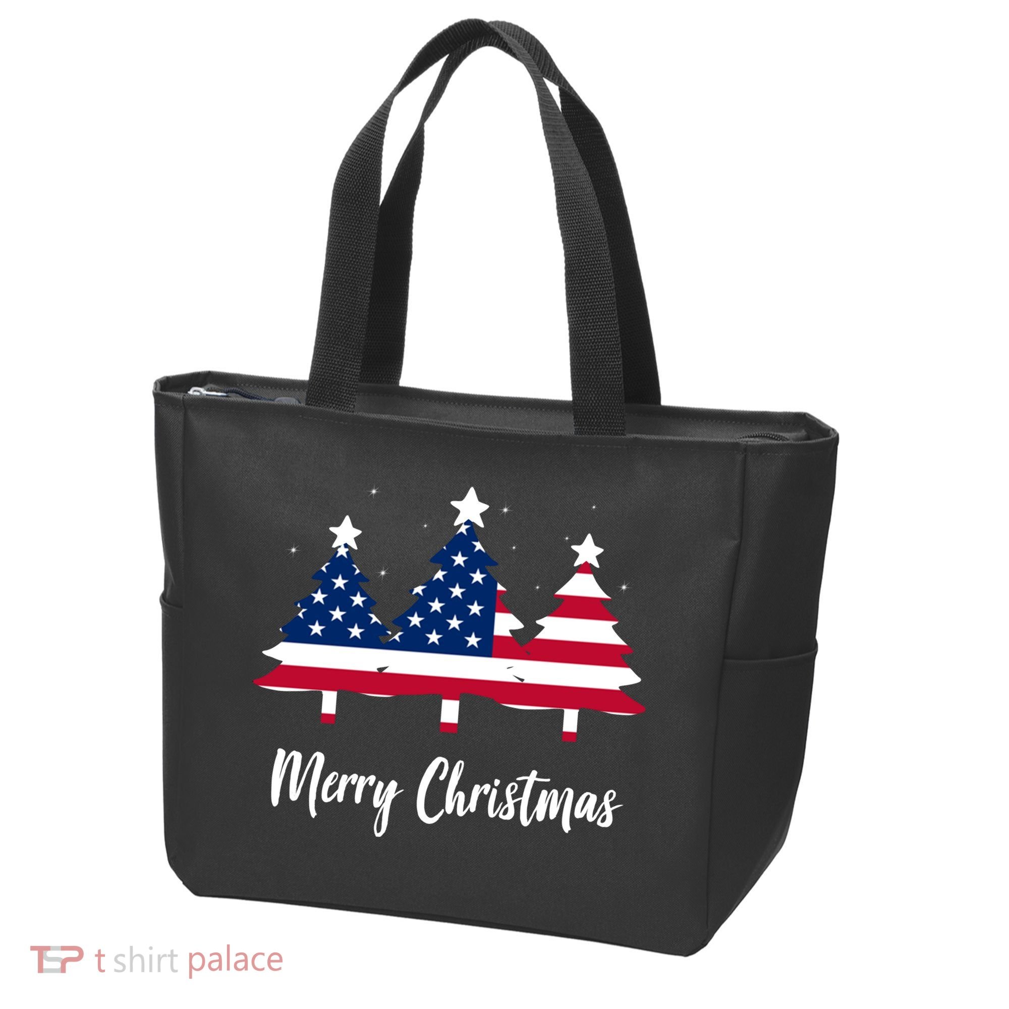 Merry Christmas American Flag Trees Tote Bag