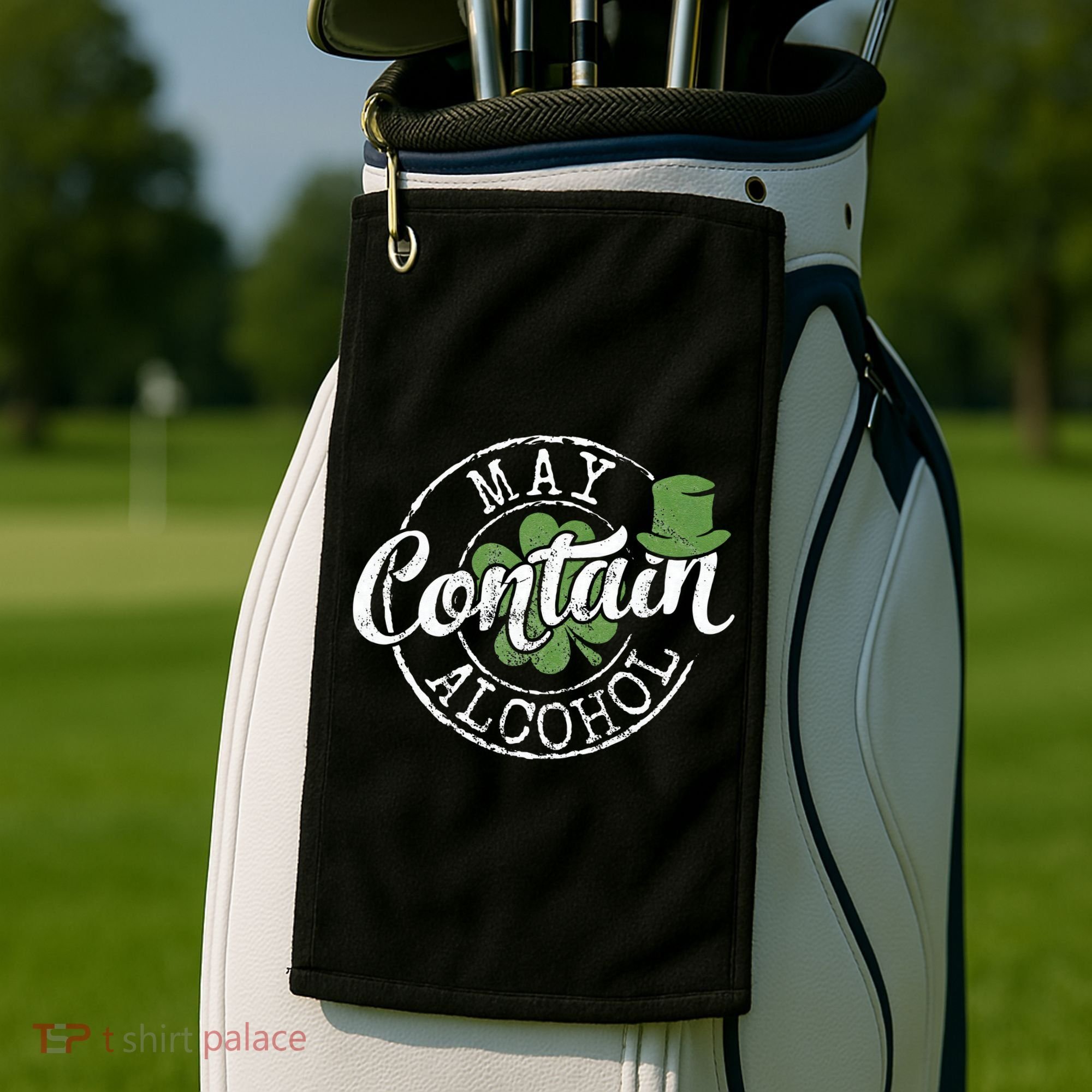May Contain Alcohol Funny Saint Paddy's St Patrick's Day Golf Towel