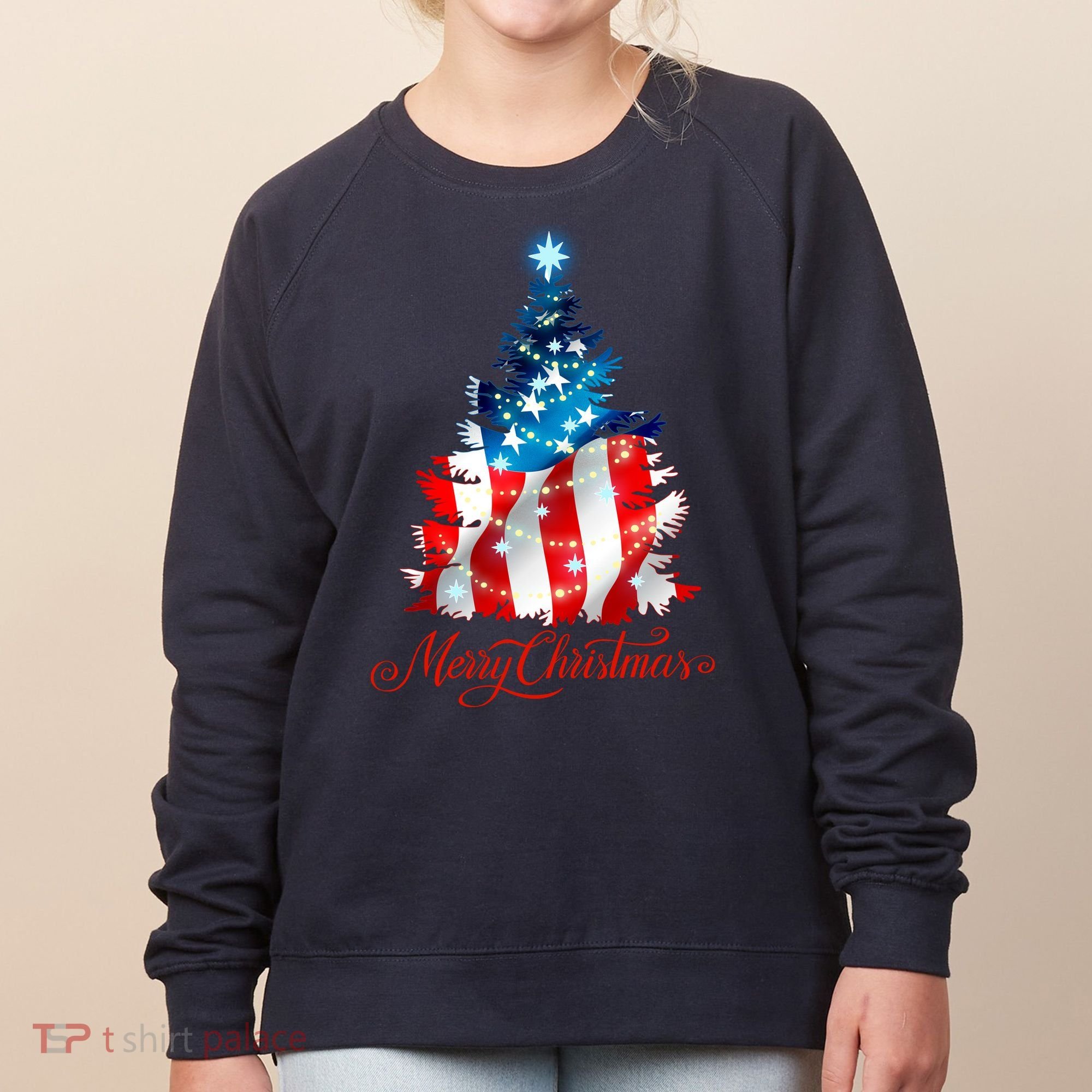 Merry Christmas American Flag Christmas Tree Women's Sweatshirt