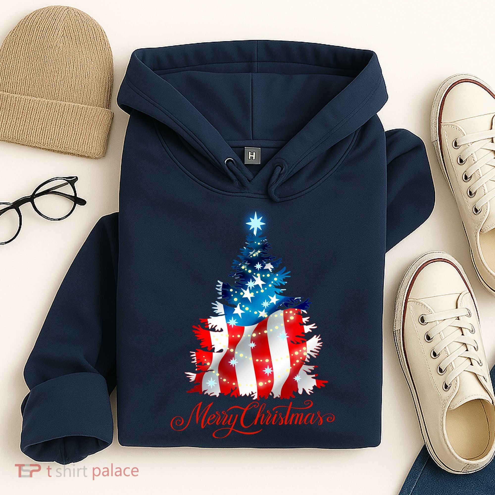 Merry Christmas American Flag Christmas Tree Hoodie