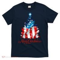 Merry Christmas American Flag Christmas Tree T-Shirt thumb 0