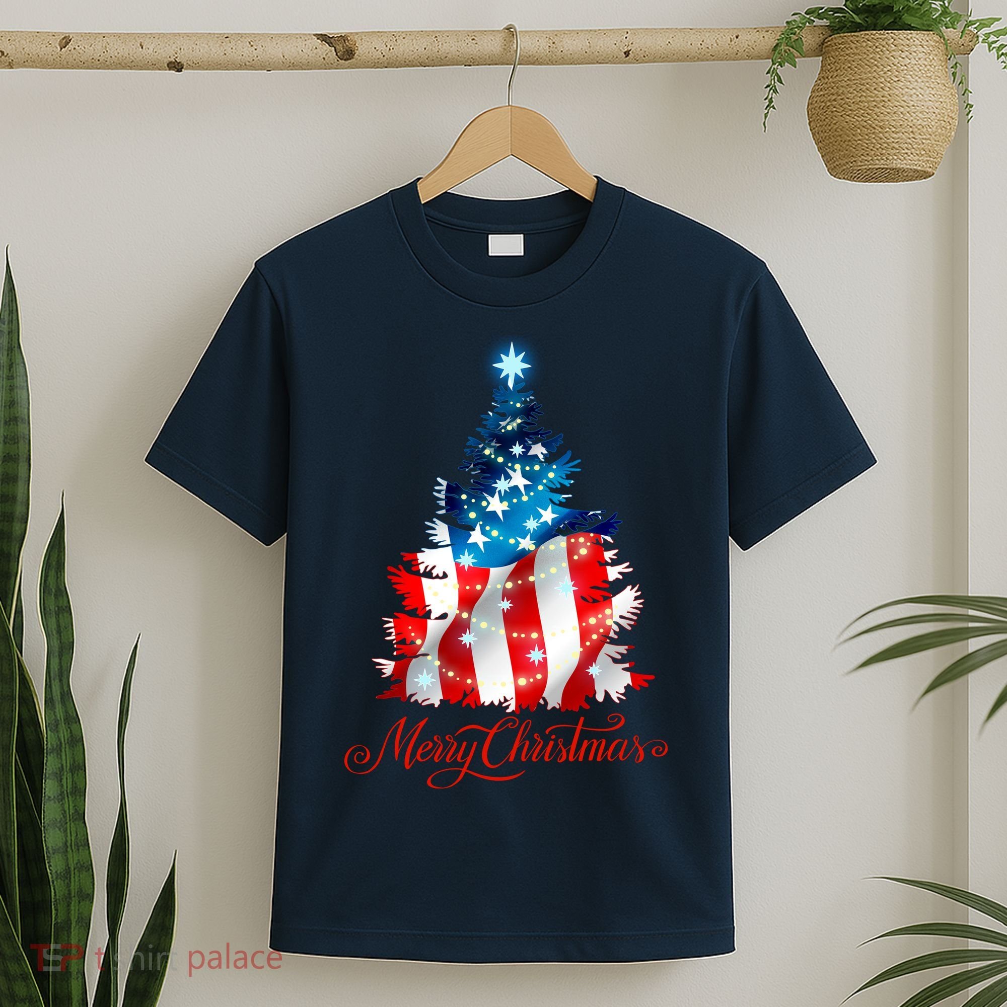 Merry Christmas American Flag Christmas Tree T-Shirt