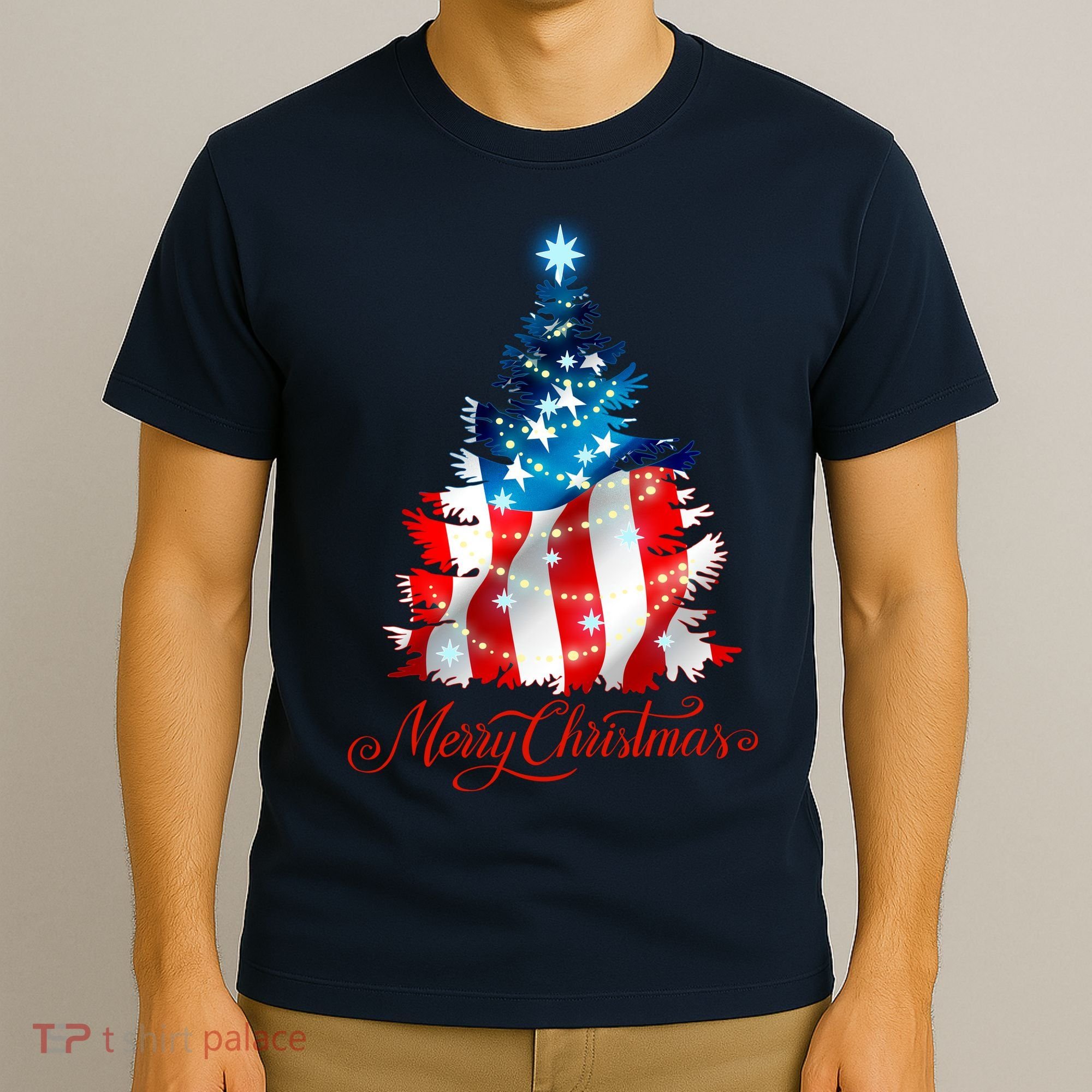 Merry Christmas American Flag Christmas Tree T-Shirt