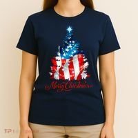 Merry Christmas American Flag Christmas Tree T-Shirt thumb 4