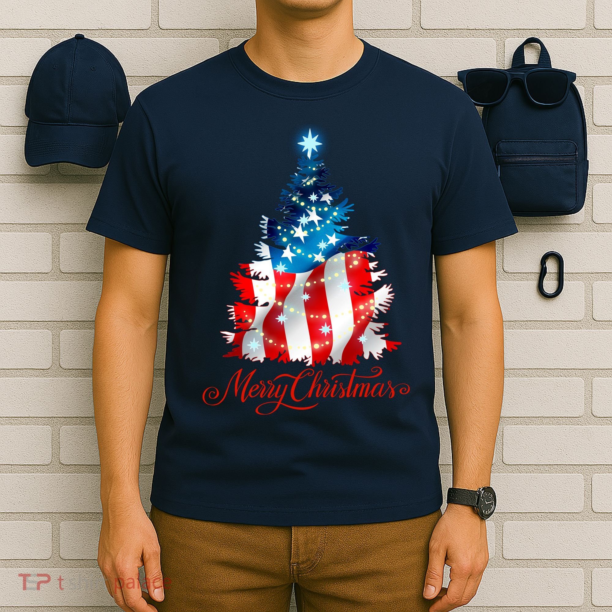 Merry Christmas American Flag Christmas Tree T-Shirt