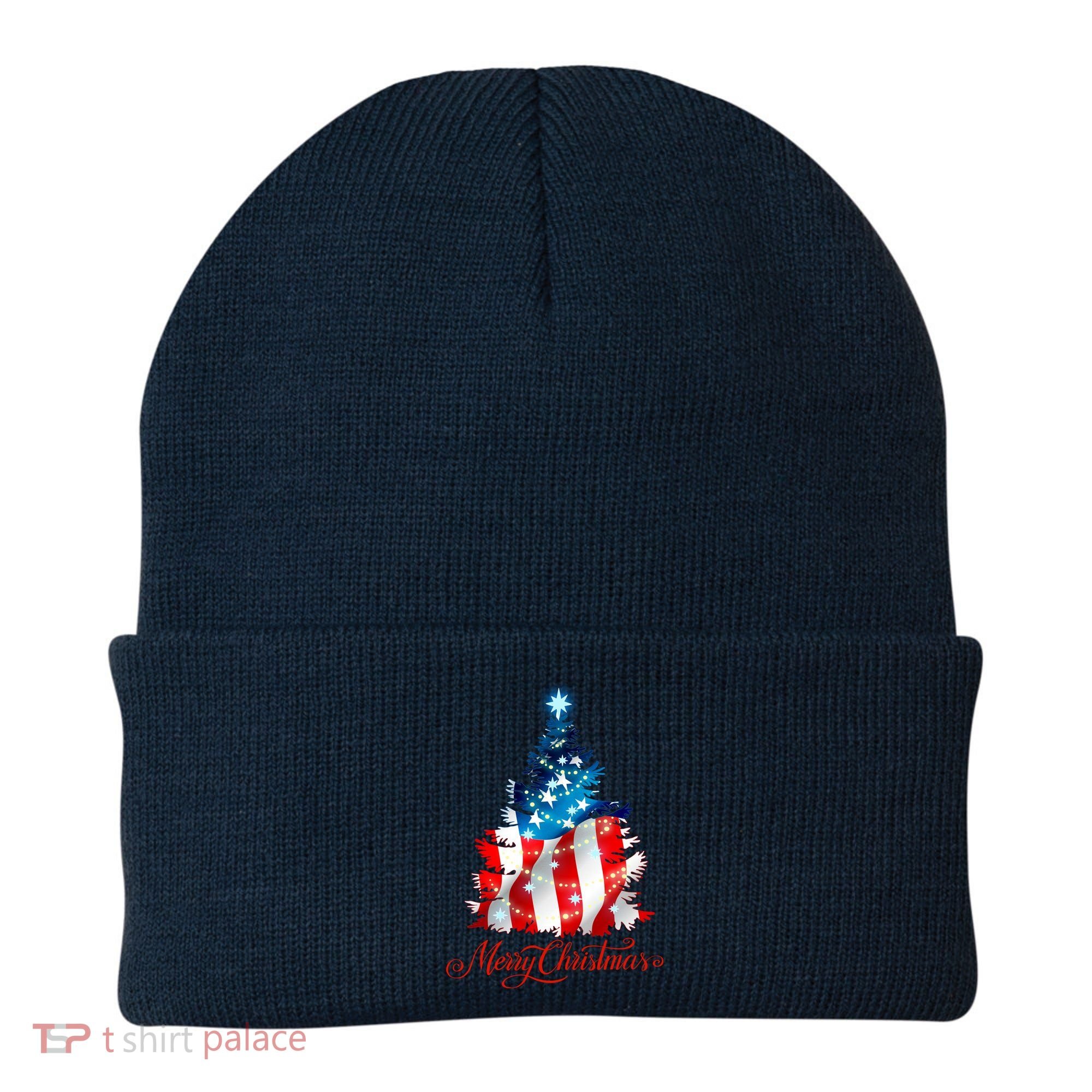 Merry Christmas American Flag Christmas Tree Beanie