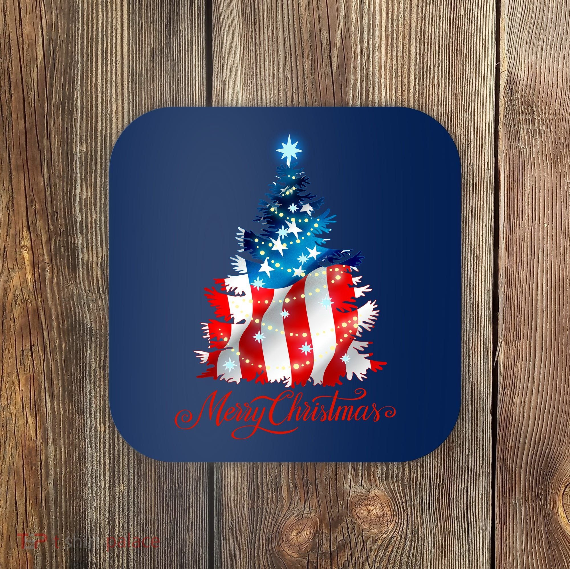 Merry Christmas American Flag Christmas Tree Coaster