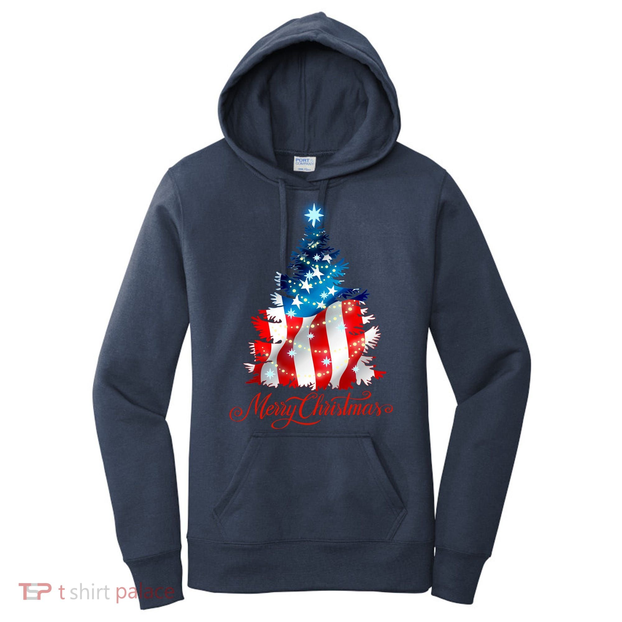 Merry Christmas American Flag Christmas Tree Women's Hoodie