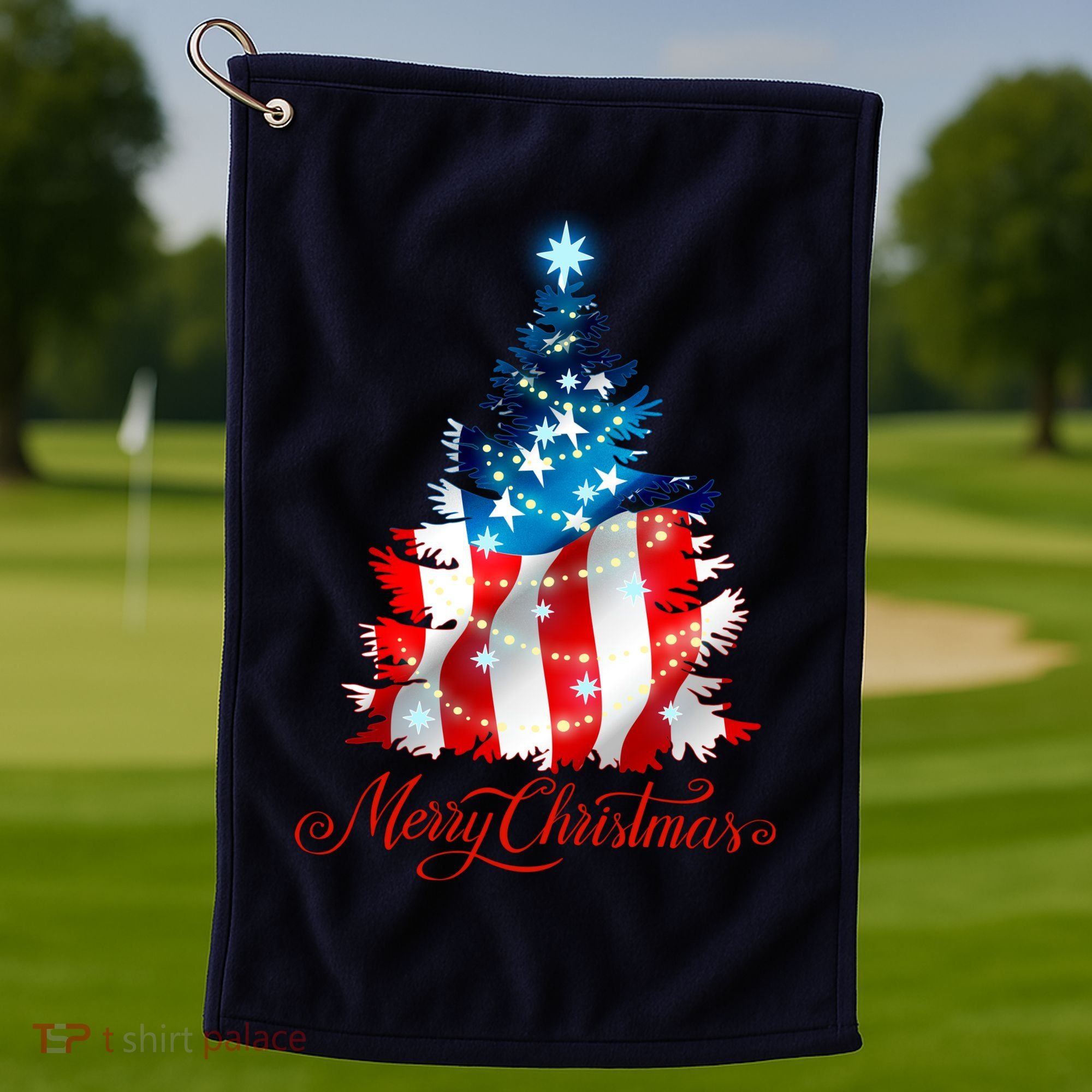 Merry Christmas American Flag Christmas Tree Golf Towel
