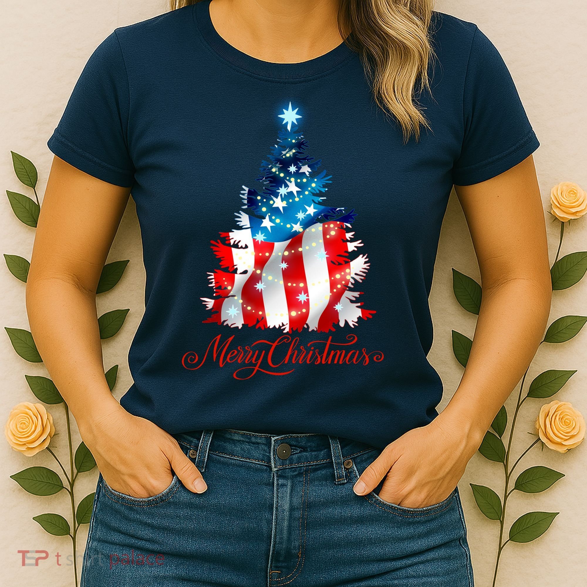 Merry Christmas American Flag Christmas Tree Women's T-Shirt