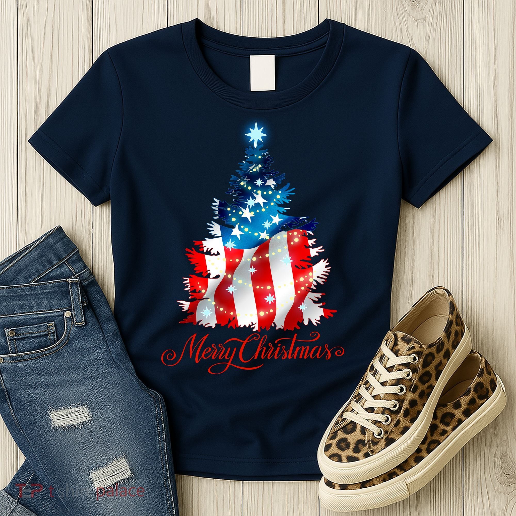 Merry Christmas American Flag Christmas Tree Women's T-Shirt