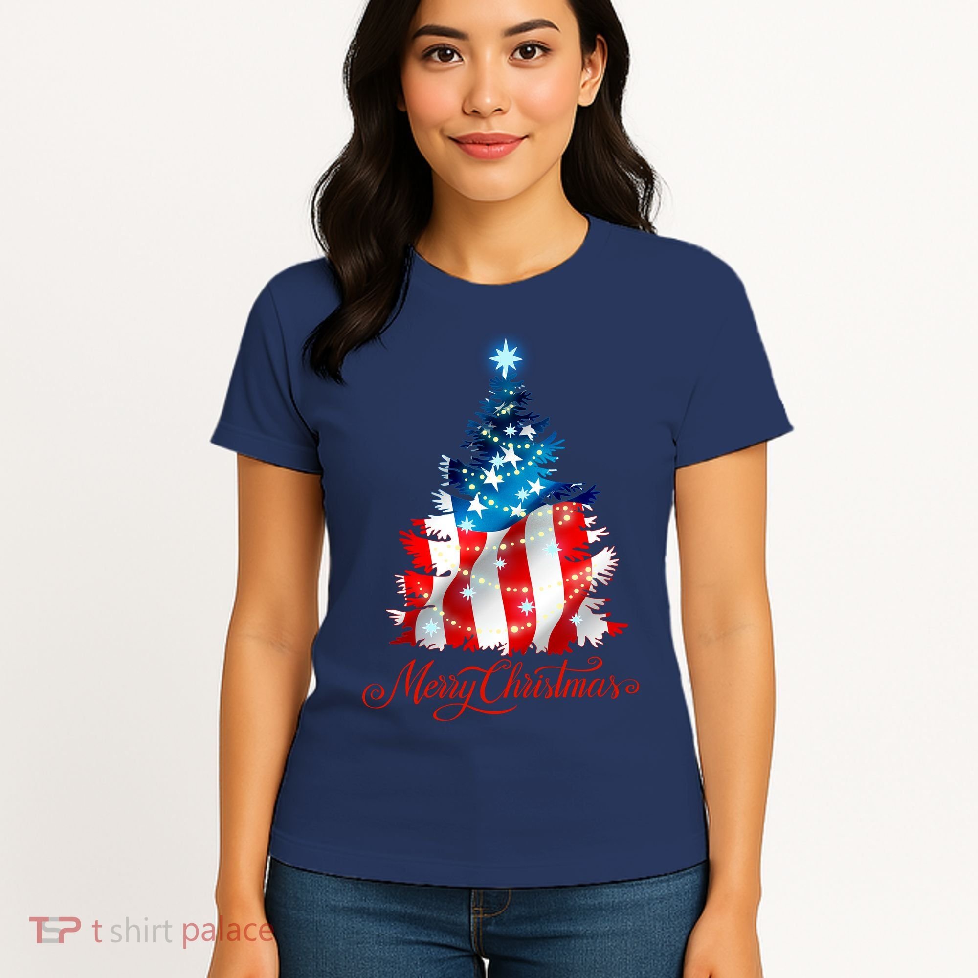 Merry Christmas American Flag Christmas Tree Women's T-Shirt