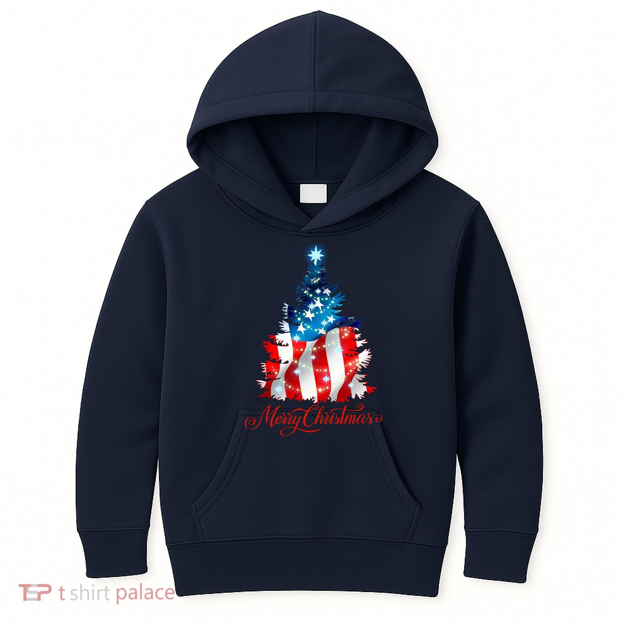 Merry Christmas American Flag Christmas Tree Kids Hoodie