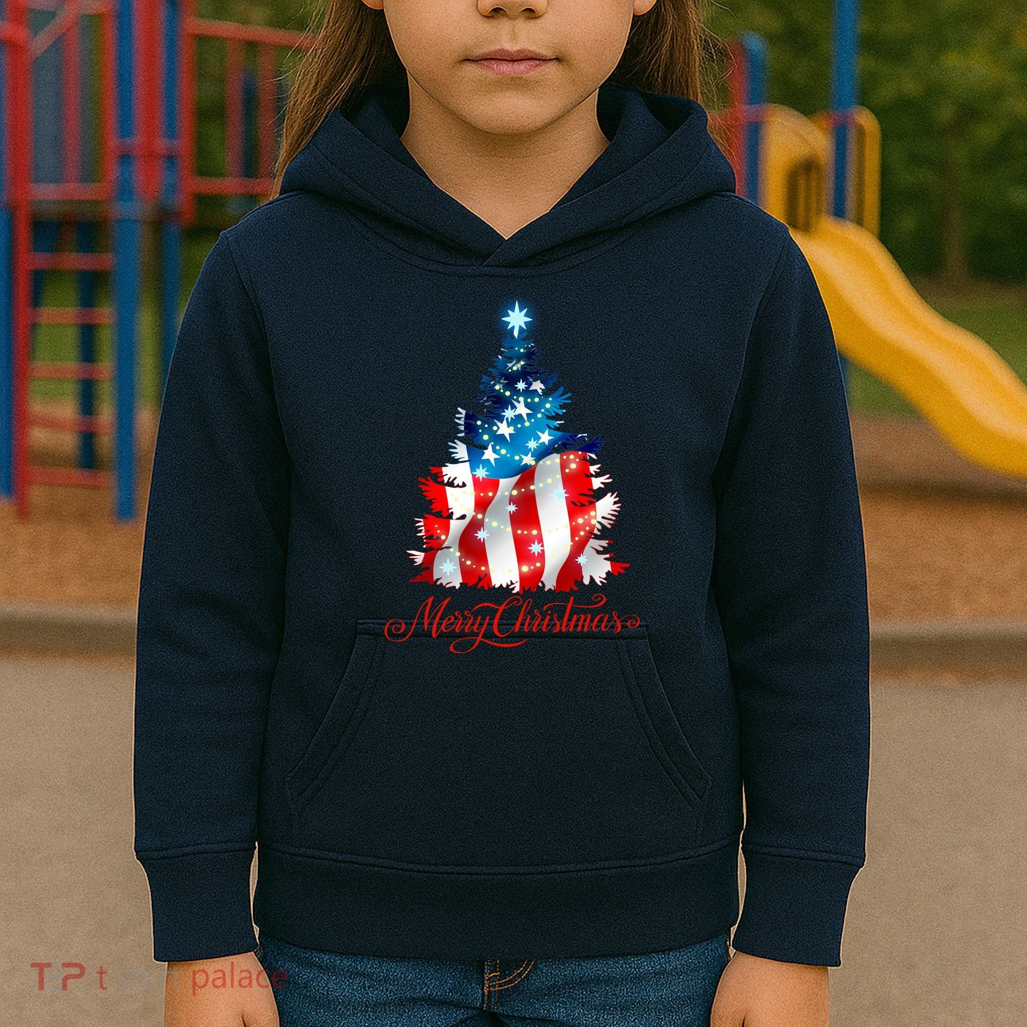 Merry Christmas American Flag Christmas Tree Kids Hoodie