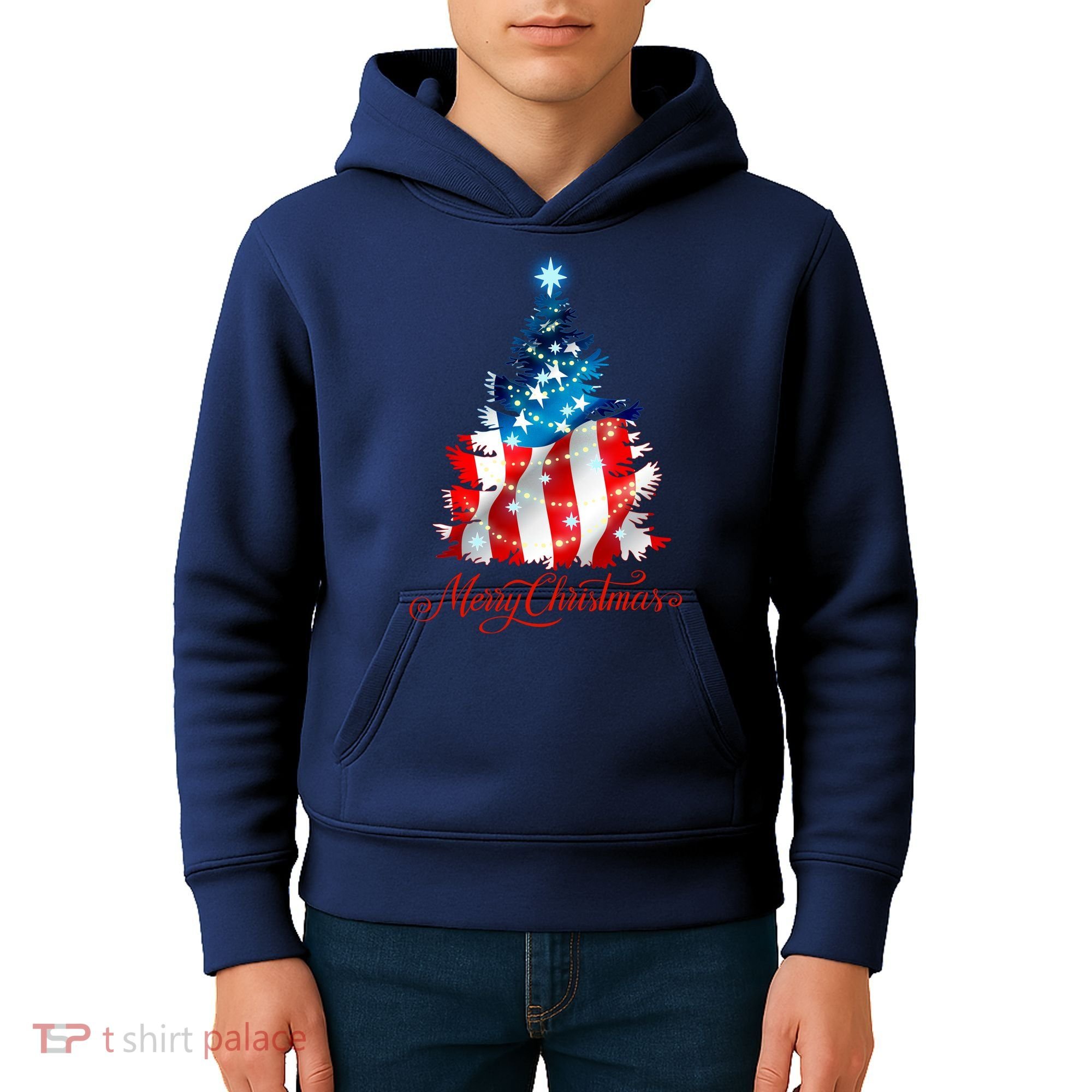 Merry Christmas American Flag Christmas Tree Kids Hoodie