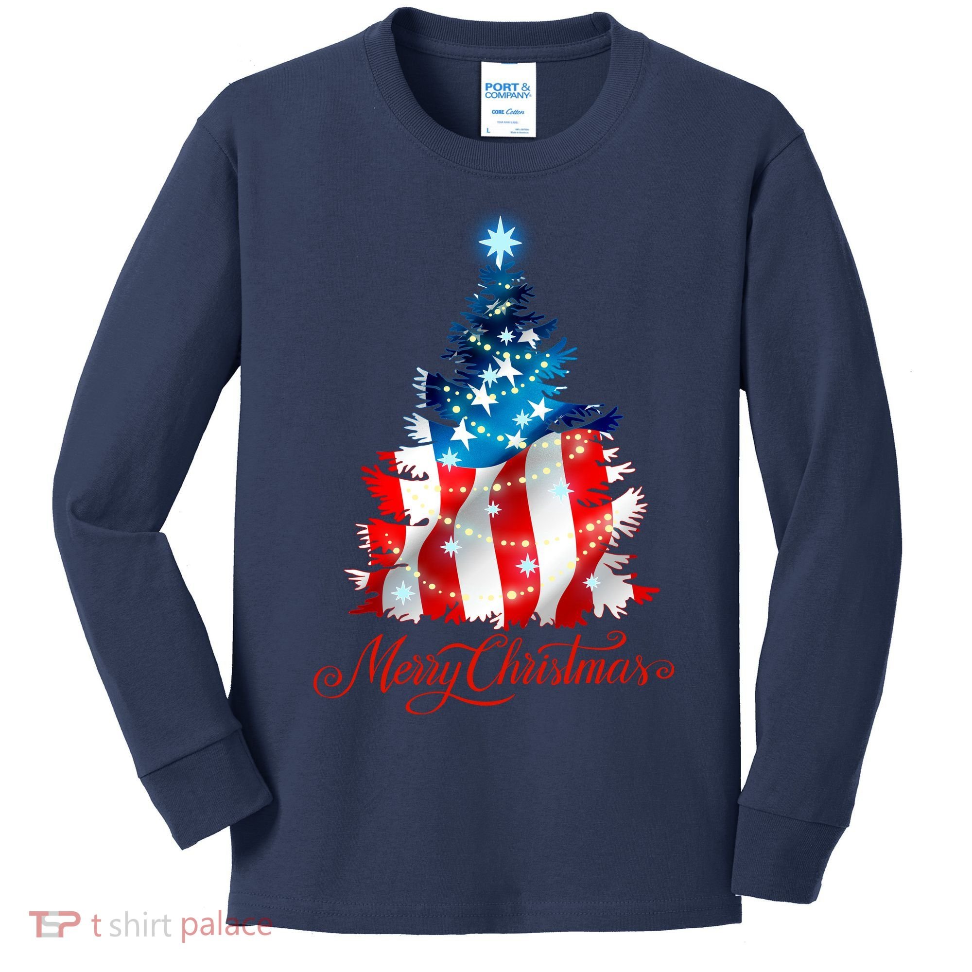 Merry Christmas American Flag Christmas Tree Kids Long Sleeve Shirt