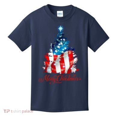 Merry Christmas American Flag Christmas Tree Kids T-Shirt