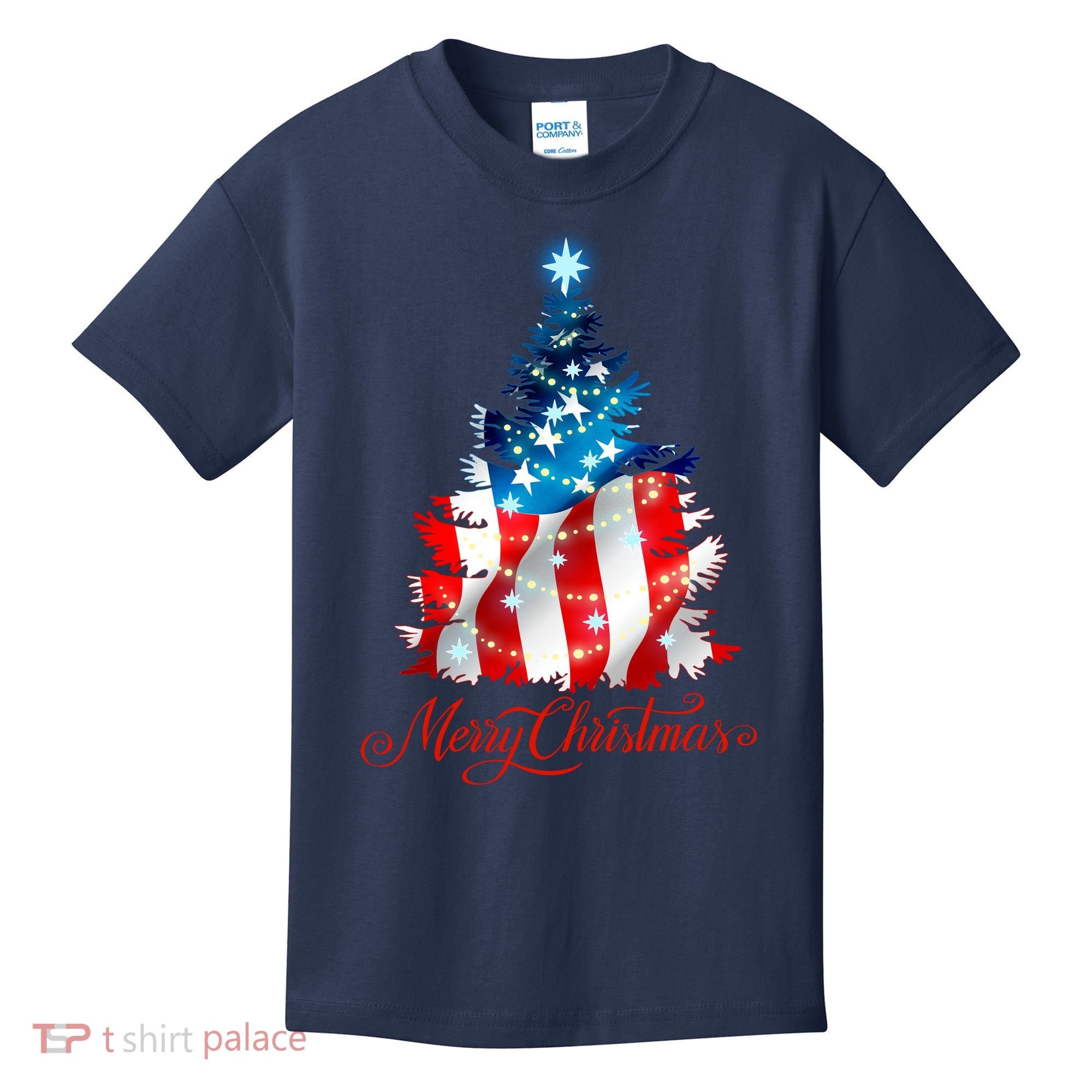Merry Christmas American Flag Christmas Tree Kids T-Shirt