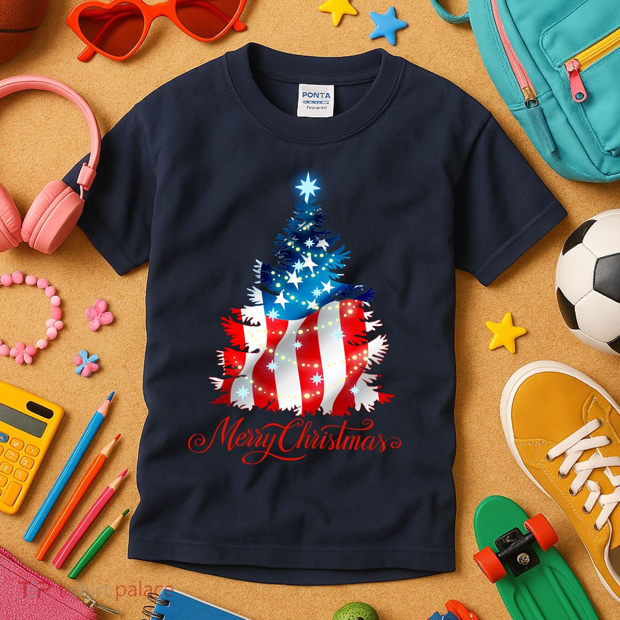 Merry Christmas American Flag Christmas Tree Kids T-Shirt
