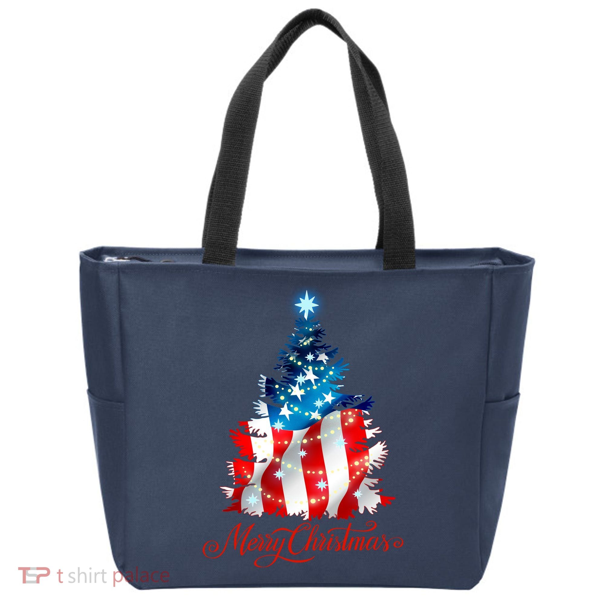 Merry Christmas American Flag Christmas Tree Tote Bag