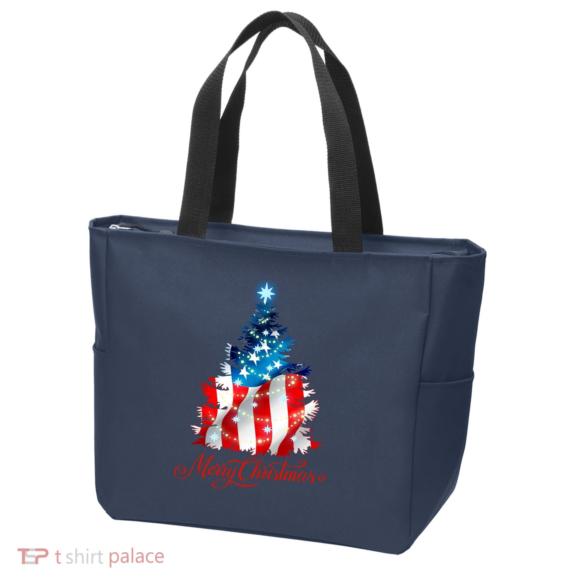 Merry Christmas American Flag Christmas Tree Tote Bag