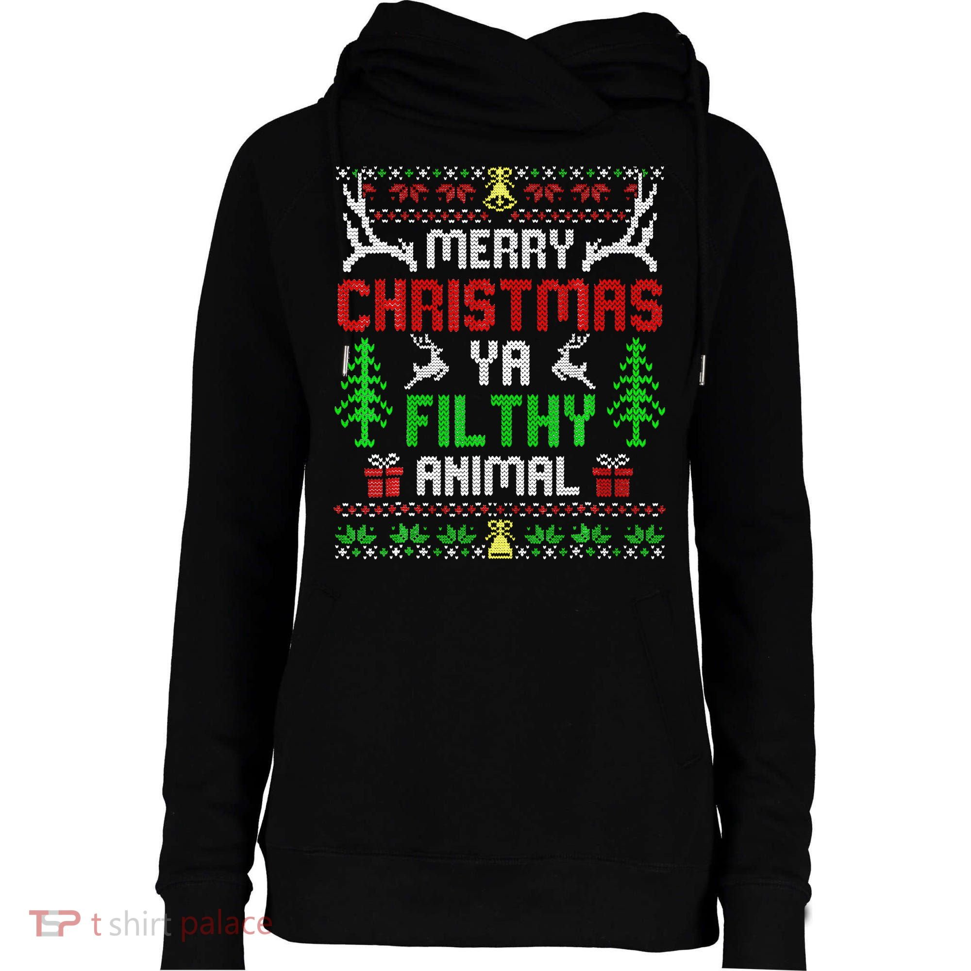 Merry Christmas Animal Filthy Ya  Womens Funnel Neck Pullover Hood