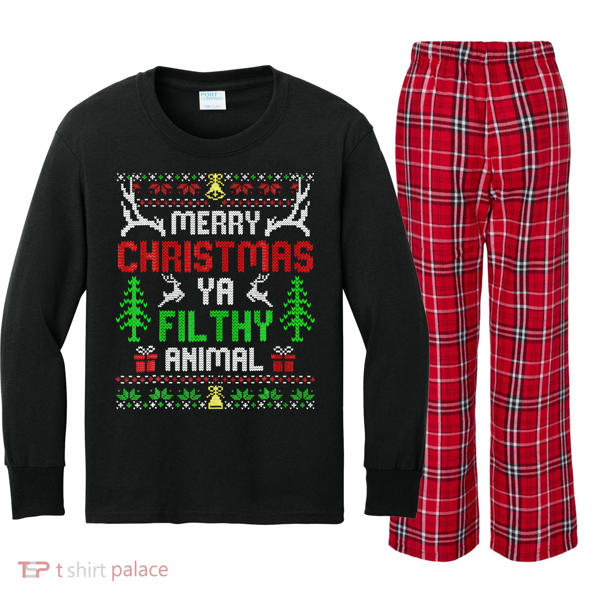 Merry Christmas Animal Filthy Ya  Kids Long Sleeve Plaid Pajama Set