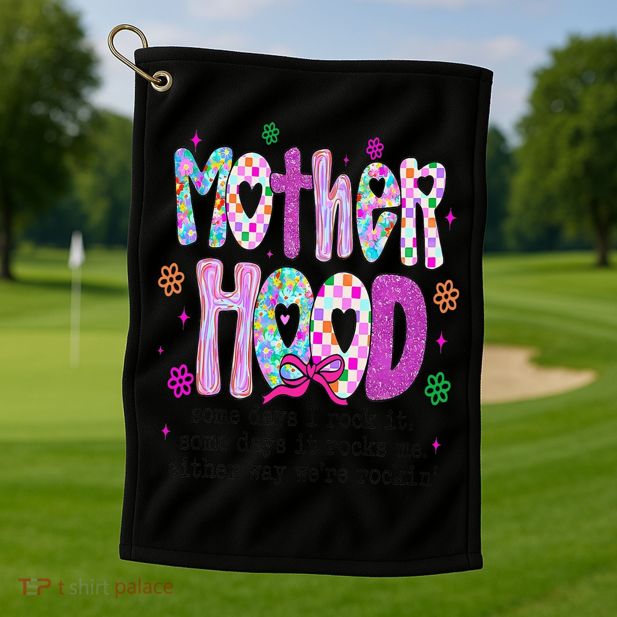 Motherhood Coquette Bow Checker Sarcastic MamaSassy Mother Golf Towel