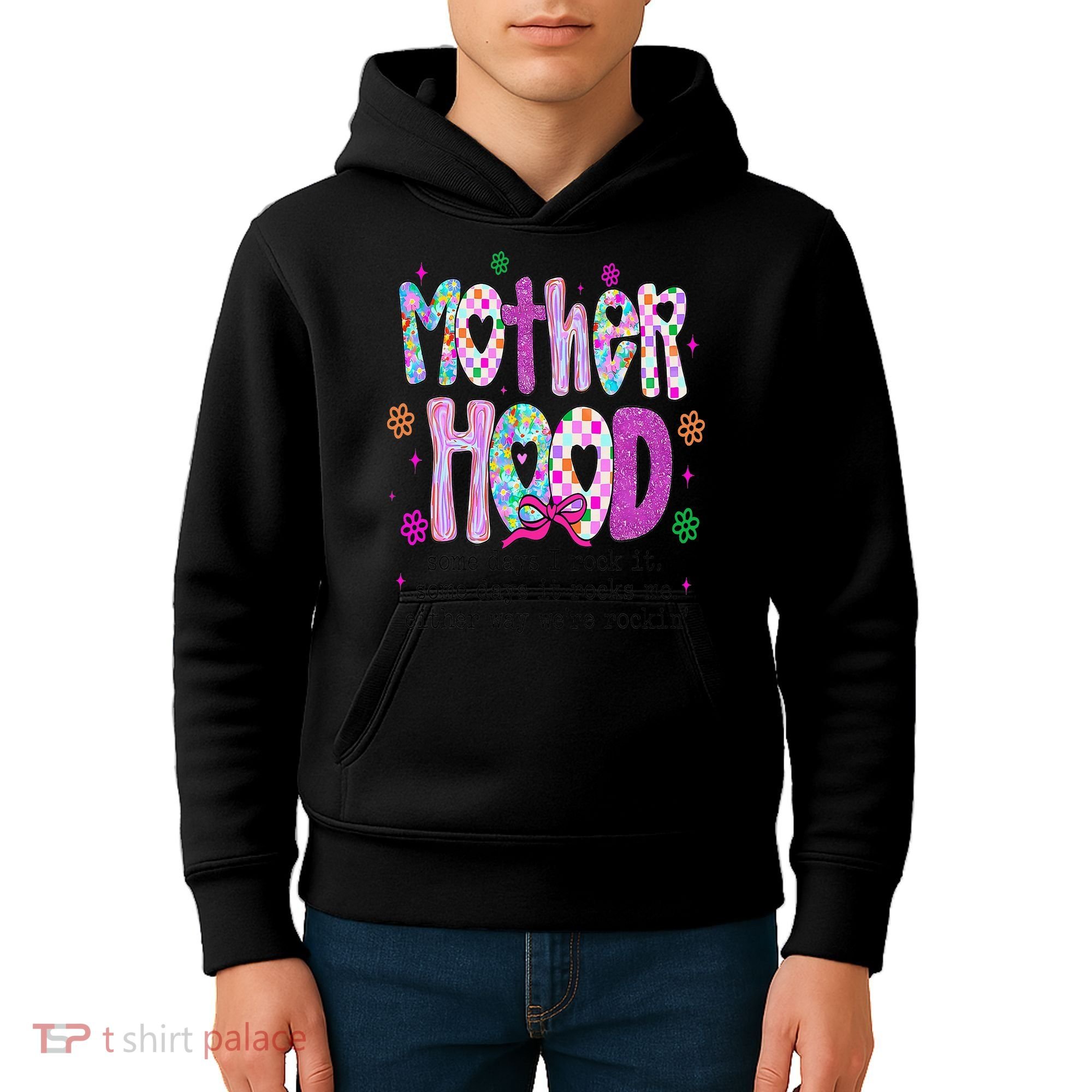 Motherhood Coquette Bow Checker Sarcastic MamaSassy Mother Kids Hoodie