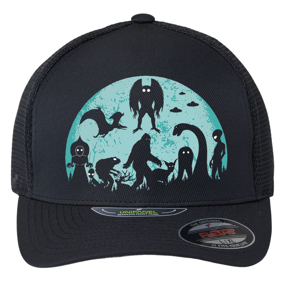 Mythical Creatures Bigfoot Loch Ness Monster Mothman Cryptid Flexfit Unipanel Trucker Cap