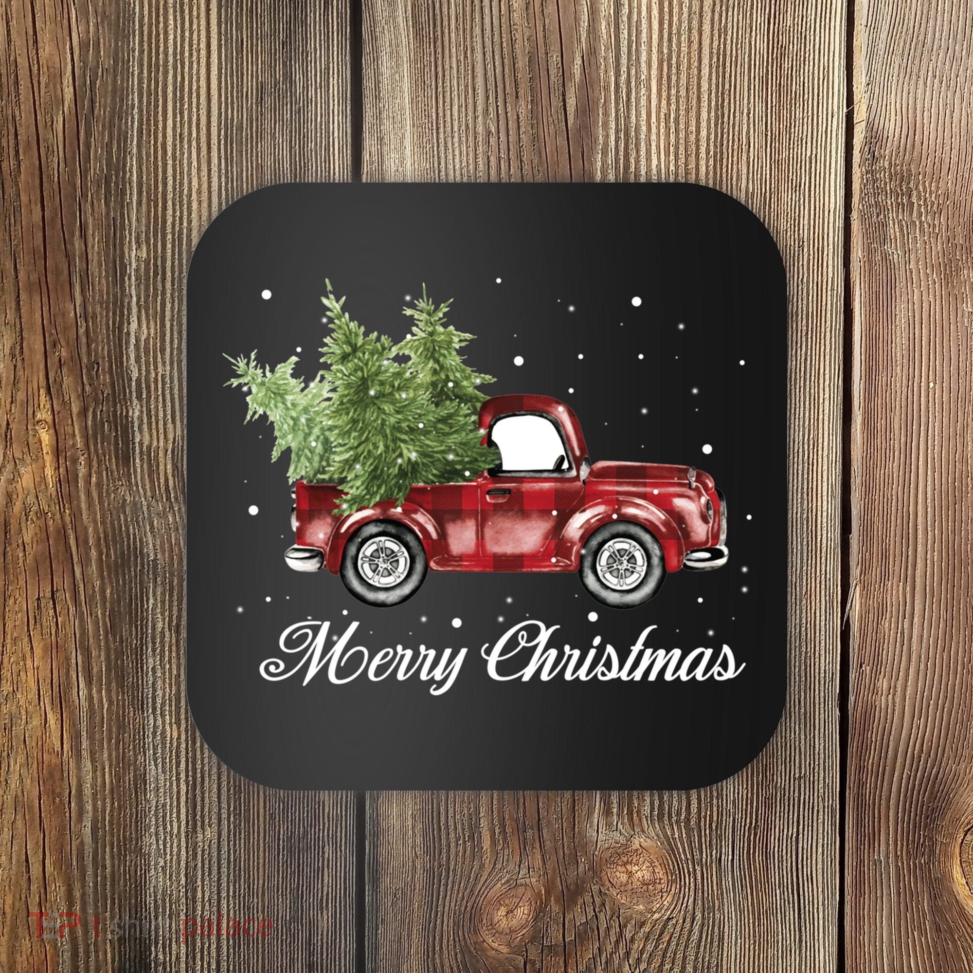 Merry Christmas Buffalo Truck Tree Red Plaid Coaster
