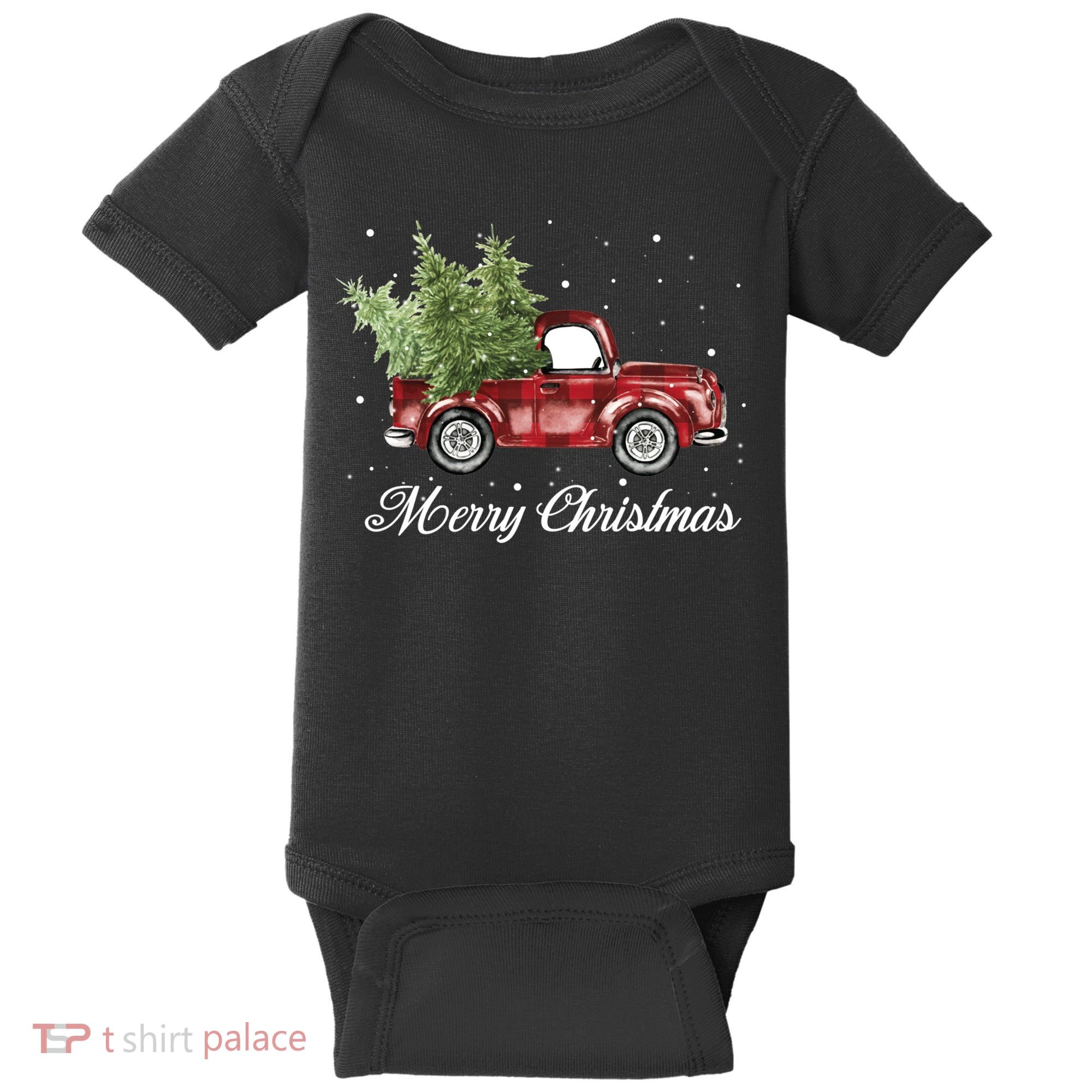 Merry Christmas Buffalo Truck Tree Red Plaid Baby Bodysuit