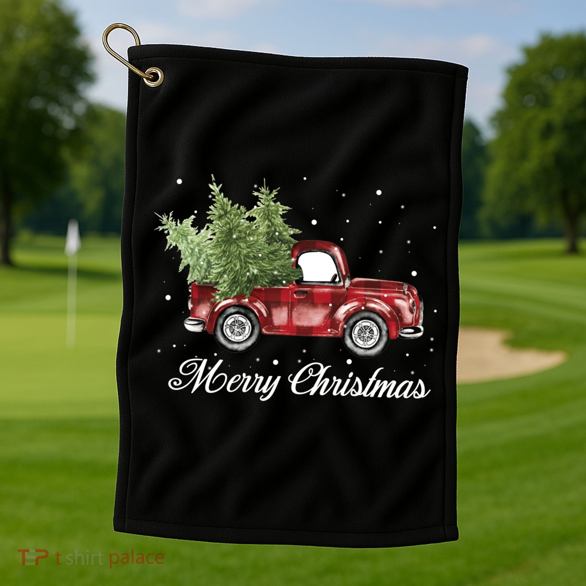 Merry Christmas Buffalo Truck Tree Red Plaid Golf Towel