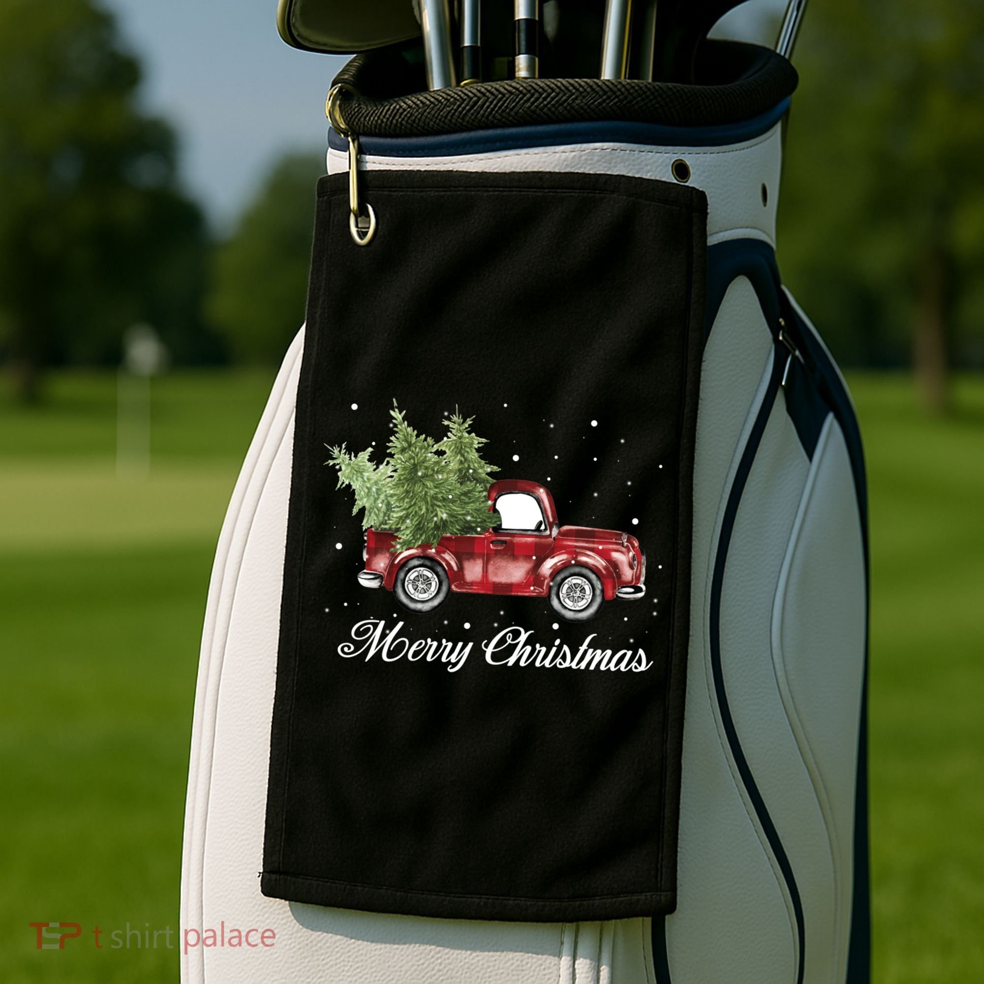 Merry Christmas Buffalo Truck Tree Red Plaid Golf Towel