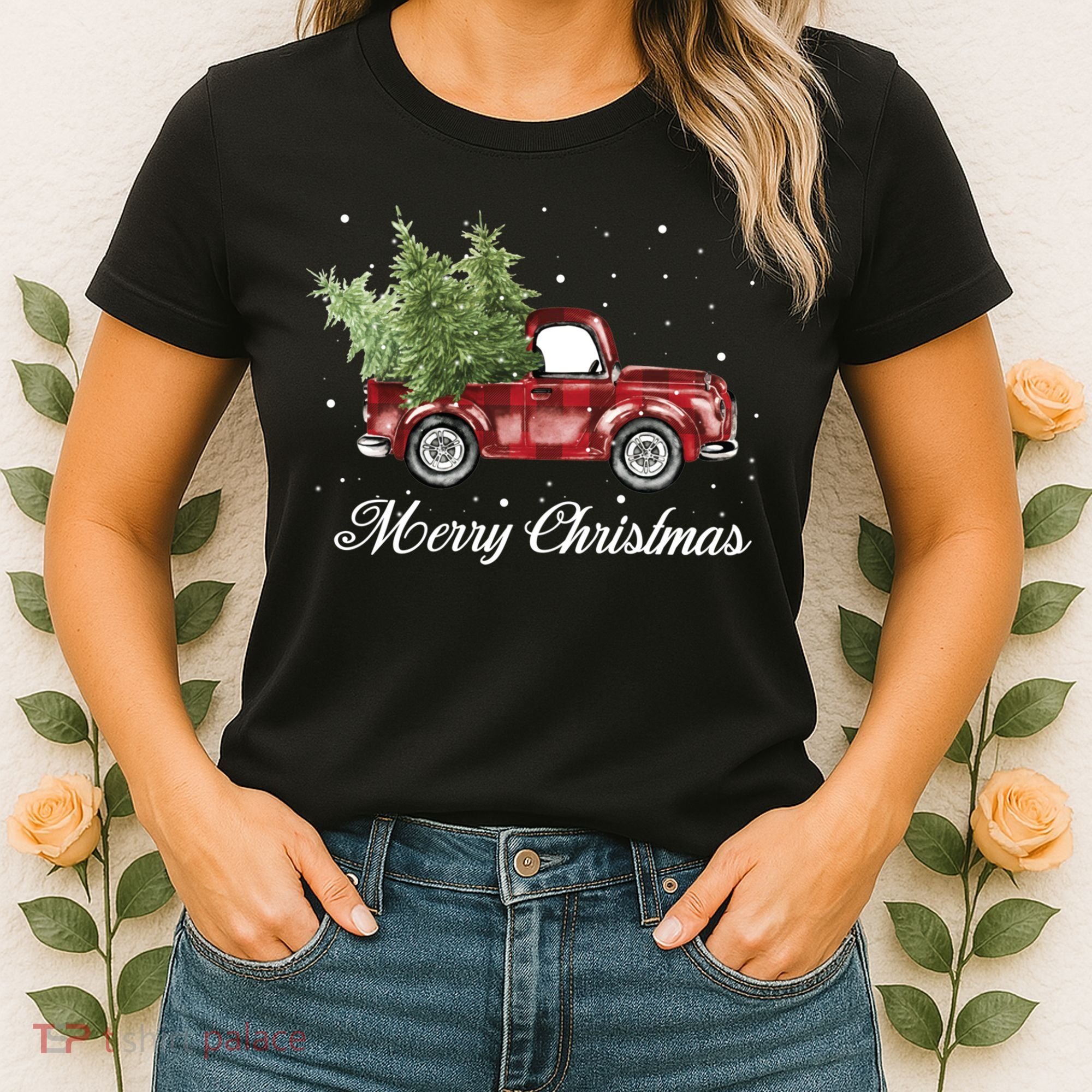 Merry Christmas Buffalo Truck Tree Red Plaid Women's T-Shirt