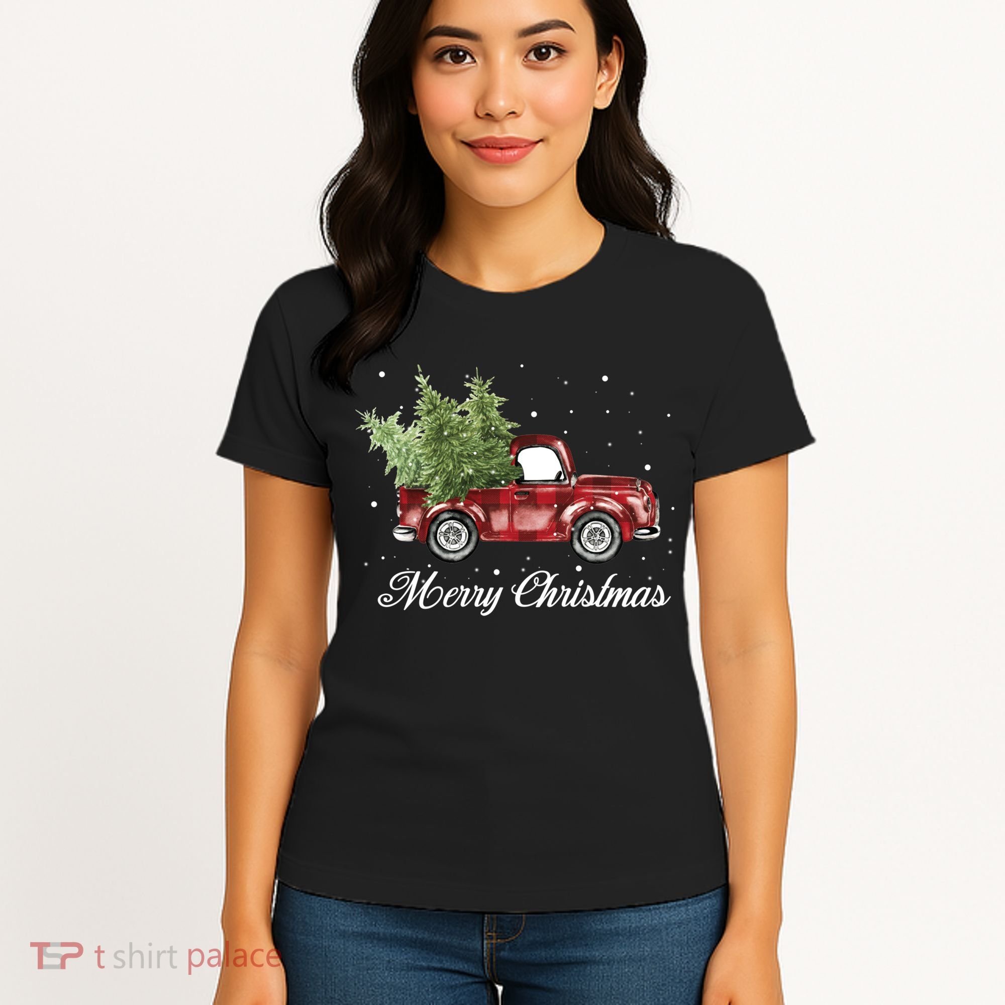 Merry Christmas Buffalo Truck Tree Red Plaid Women's T-Shirt
