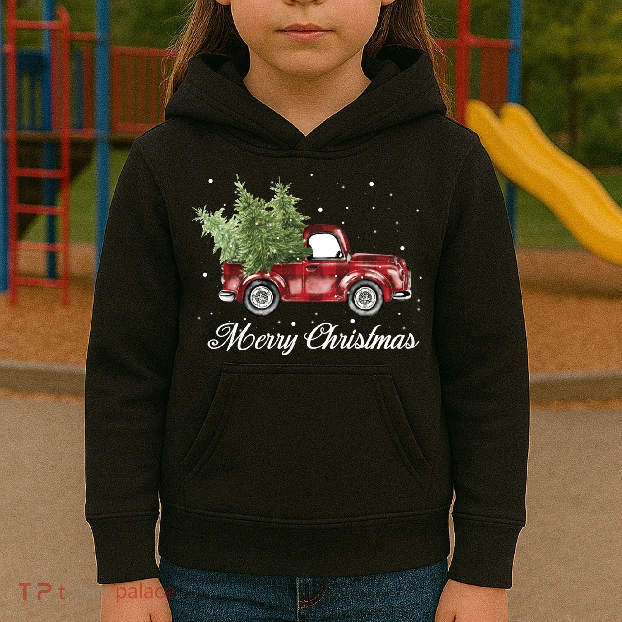Merry Christmas Buffalo Truck Tree Red Plaid Kids Hoodie